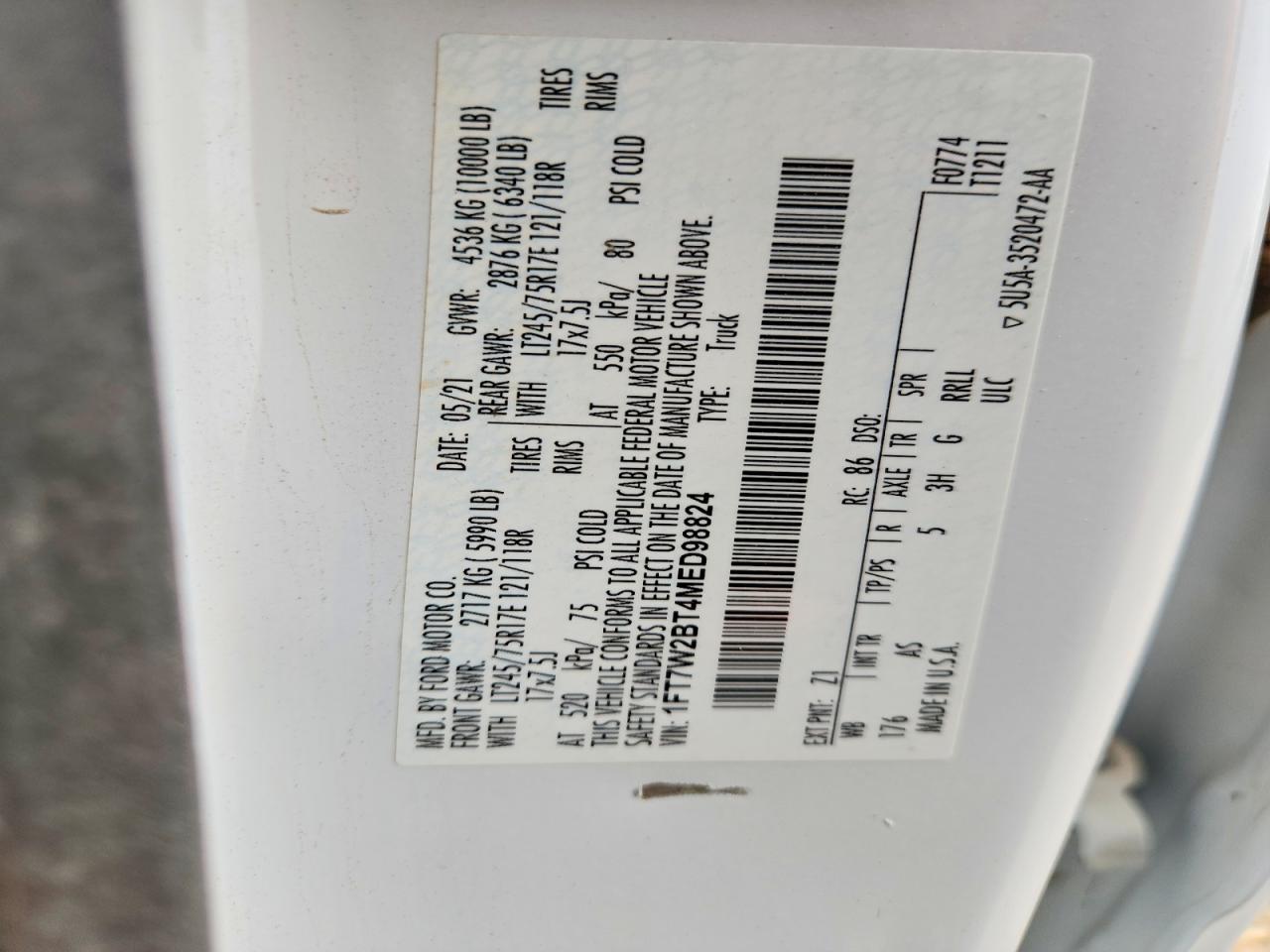 2021 Ford F250 Super Duty White vin: 1FT7W2BT4MED98824