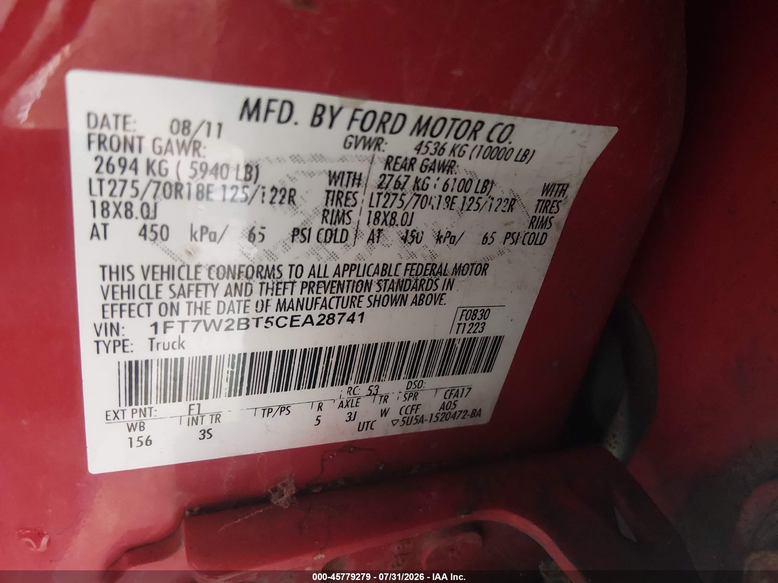 2012 Ford F-250 Xlt Red vin: 1FT7W2BT5CEA28741