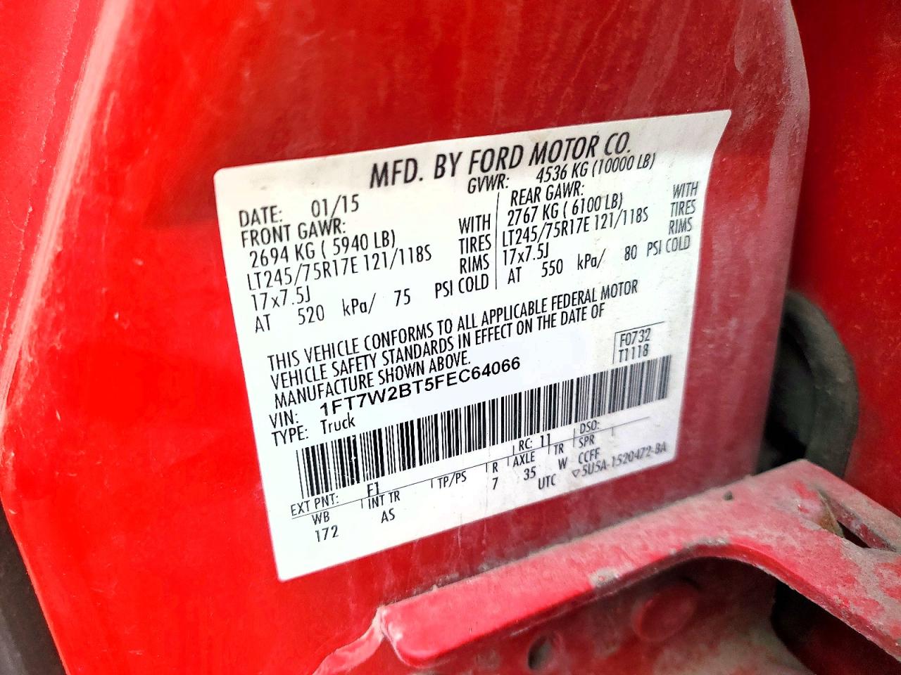 2015 Ford F250 Super Duty Red vin: 1FT7W2BT5FEC64066