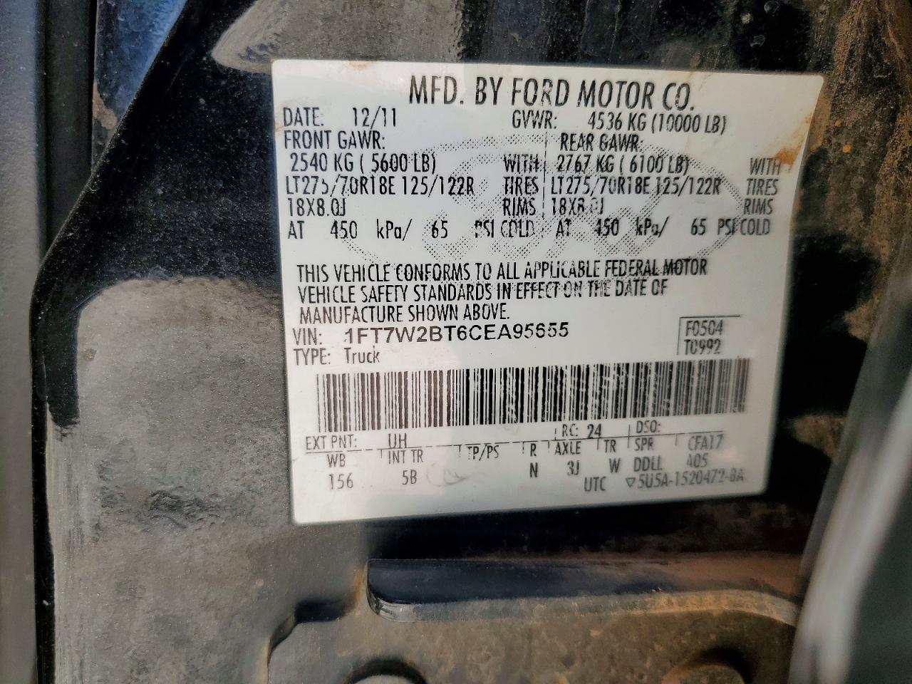 2012 Ford F250 Super Duty Black vin: 1FT7W2BT6CEA95655