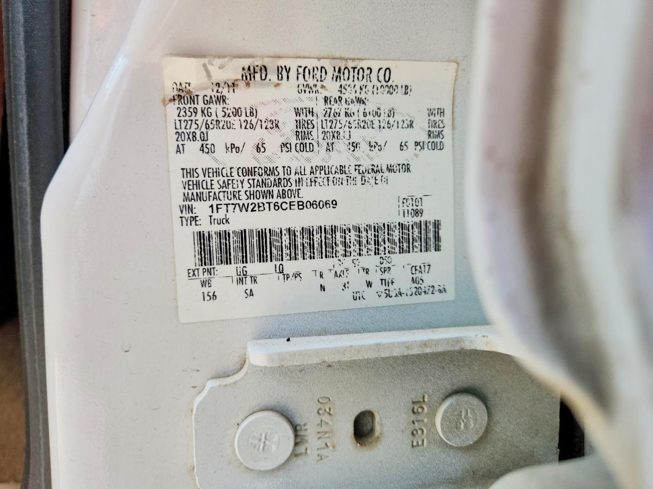2012 Ford F250 Super Duty White vin: 1FT7W2BT6CEB06069