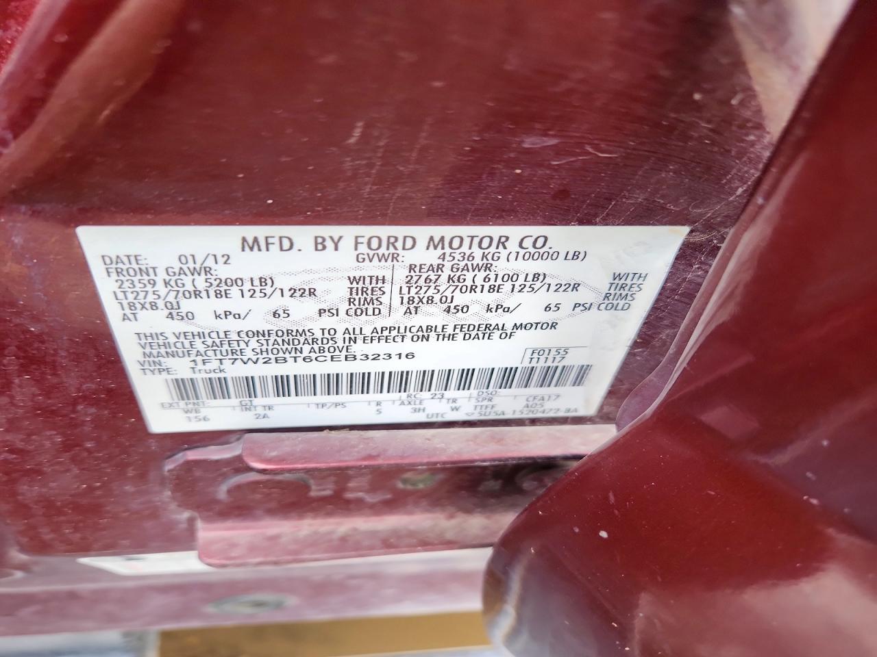 2012 Ford F250 Super Duty Maroon vin: 1FT7W2BT6CEB32316