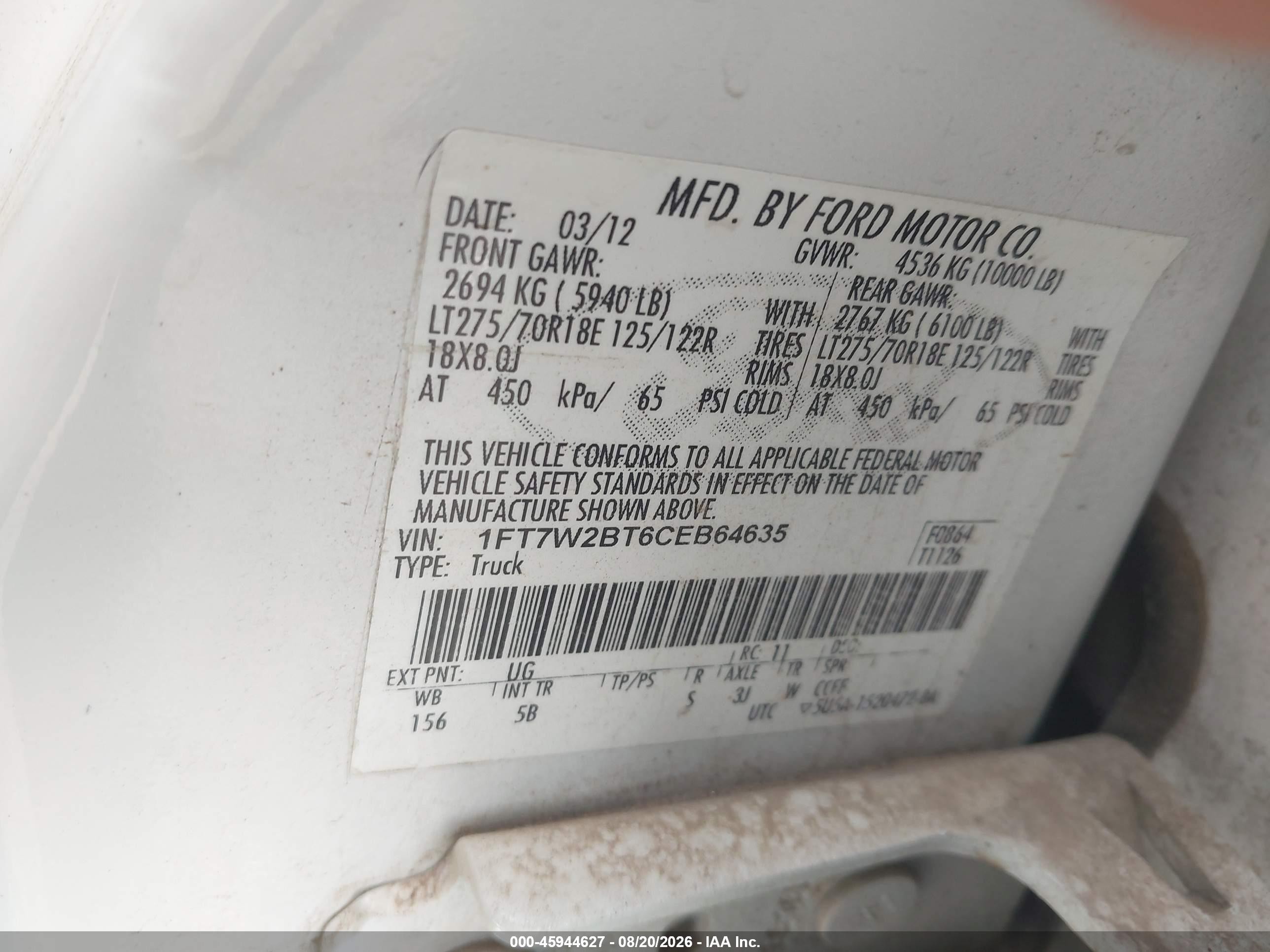 2012 Ford F-250 Lariat White vin: 1FT7W2BT6CEB64635