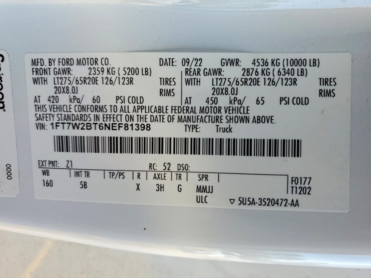 2022 Ford F250 Super Duty White vin: 1FT7W2BT6NEF81398