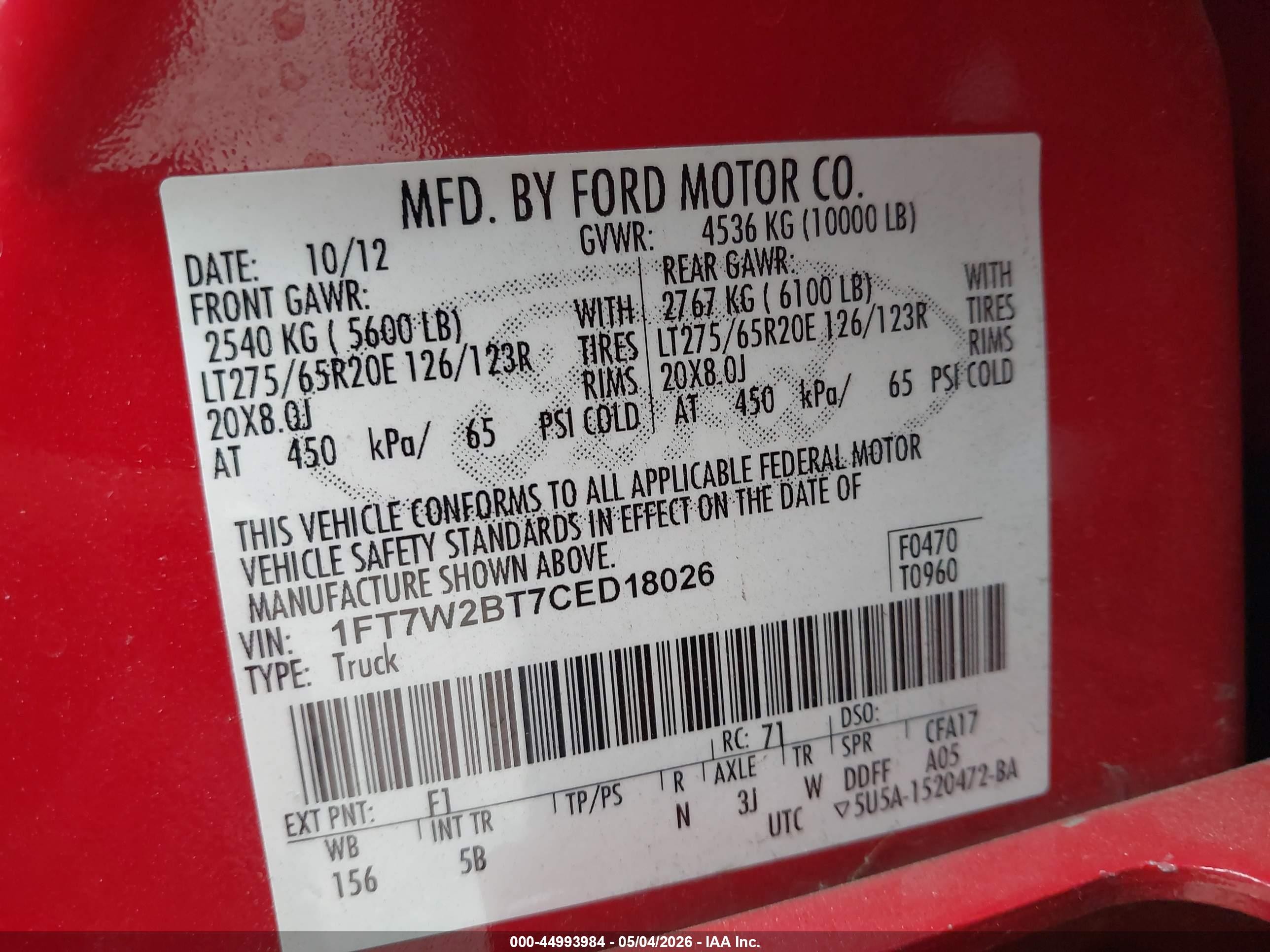 2012 Ford F-250 Lariat Red vin: 1FT7W2BT7CED18026