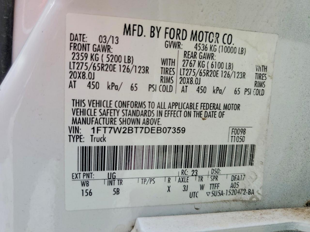 2013 Ford F250 Super Duty White vin: 1FT7W2BT7DEB07359