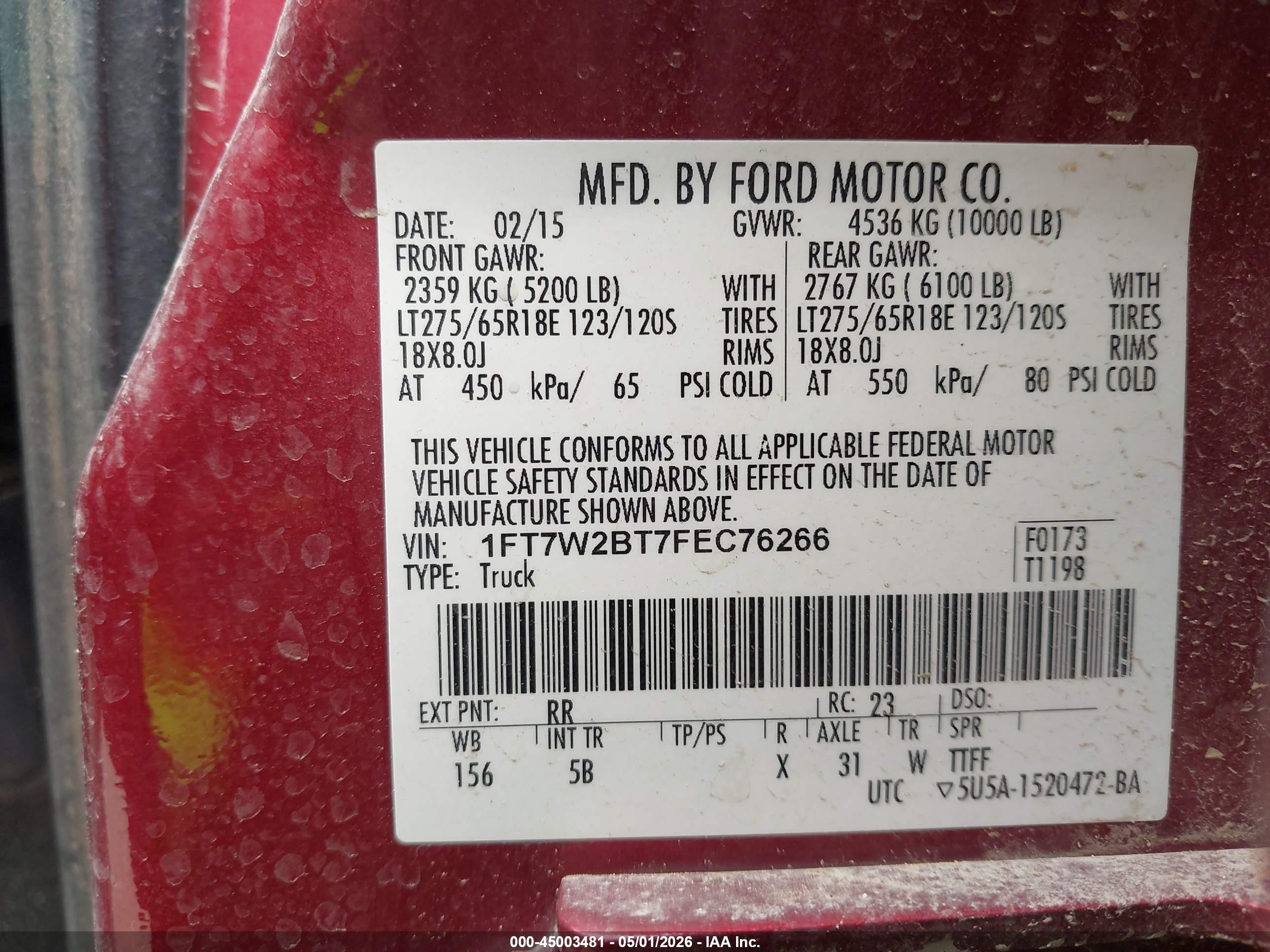 2015 Ford F-250 Xl Red vin: 1FT7W2BT7FEC76266