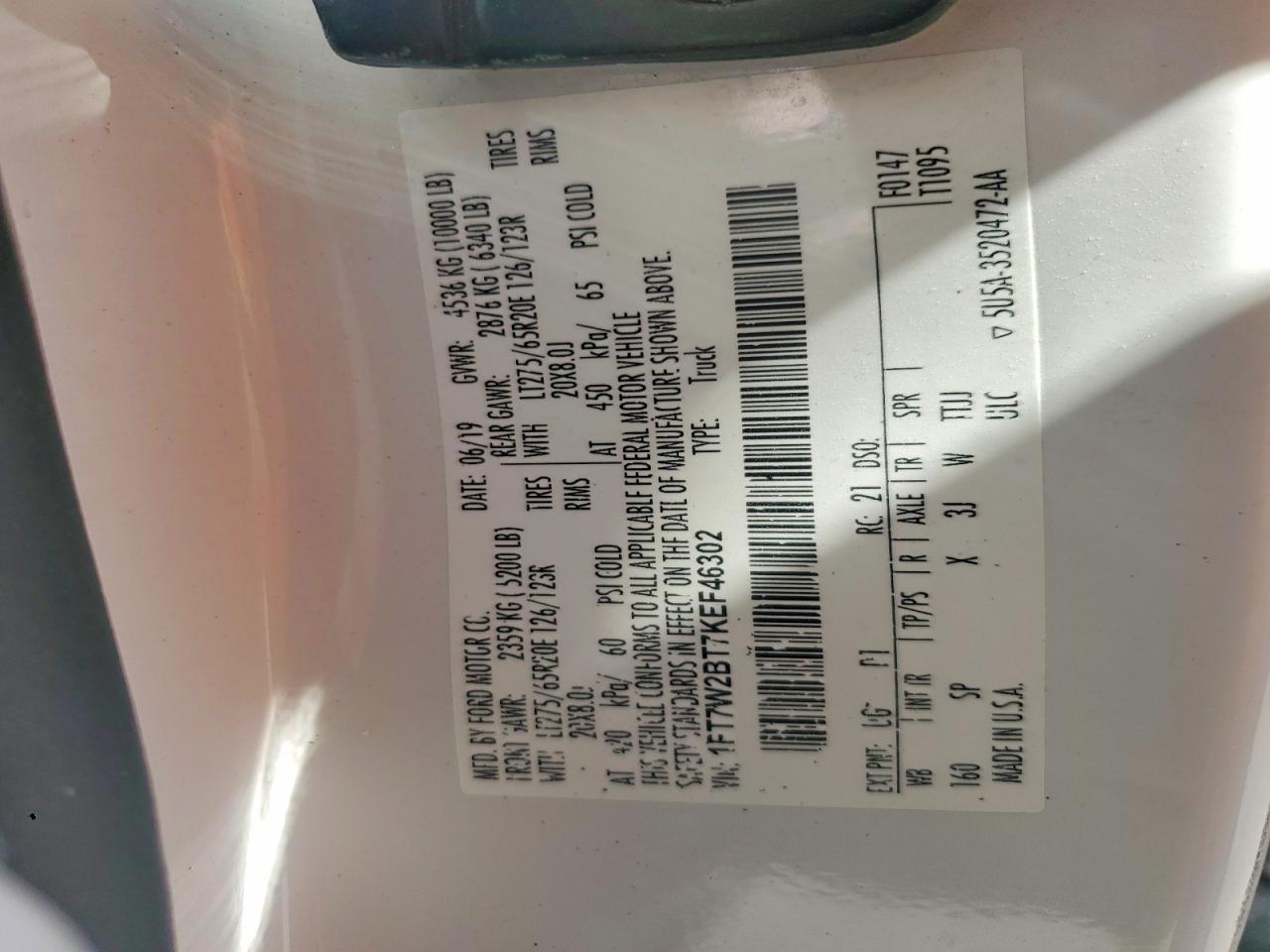 2019 Ford F250 Super Duty White vin: 1FT7W2BT7KEF46302