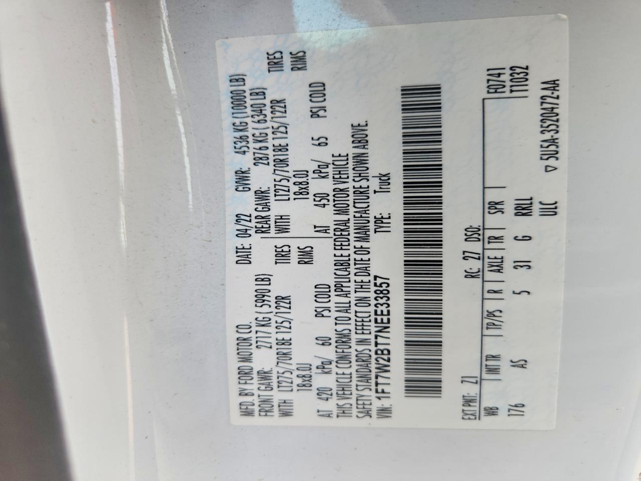 2022 Ford F250 Super Duty White vin: 1FT7W2BT7NEE33857