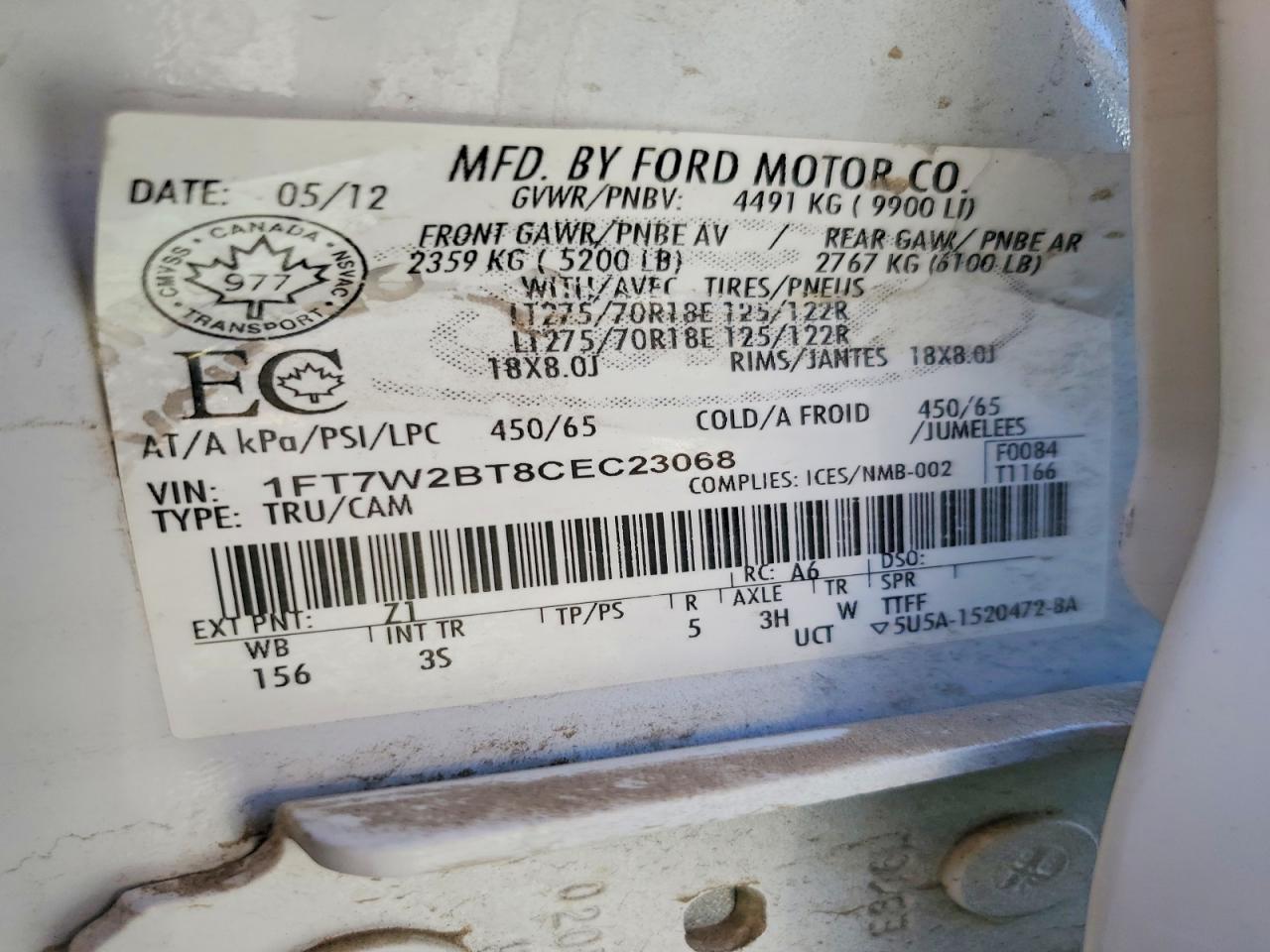 2012 Ford F250 Super Duty Белый vin: 1FT7W2BT8CEC23068