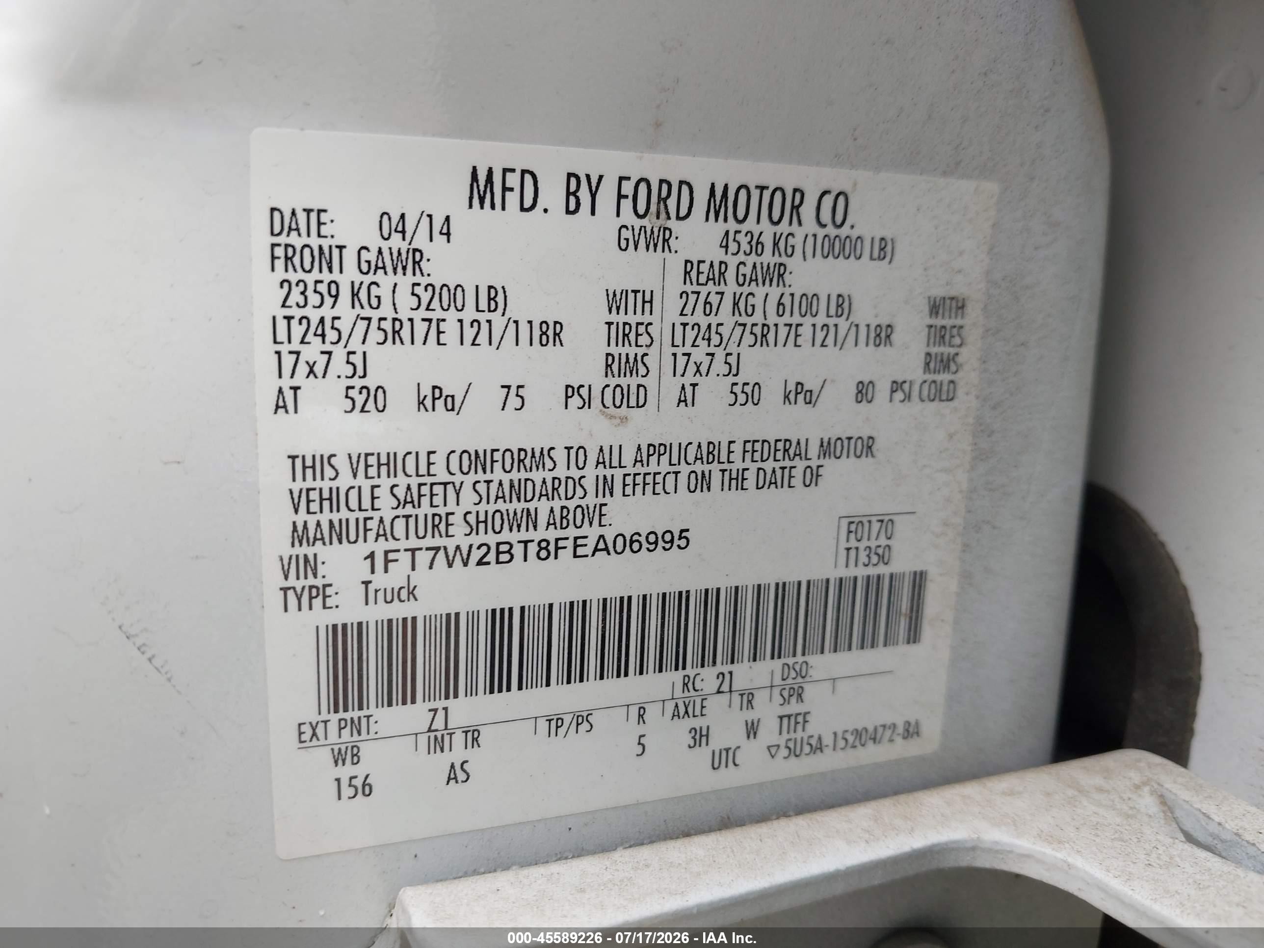 2015 Ford F-250 Xl White vin: 1FT7W2BT8FEA06995