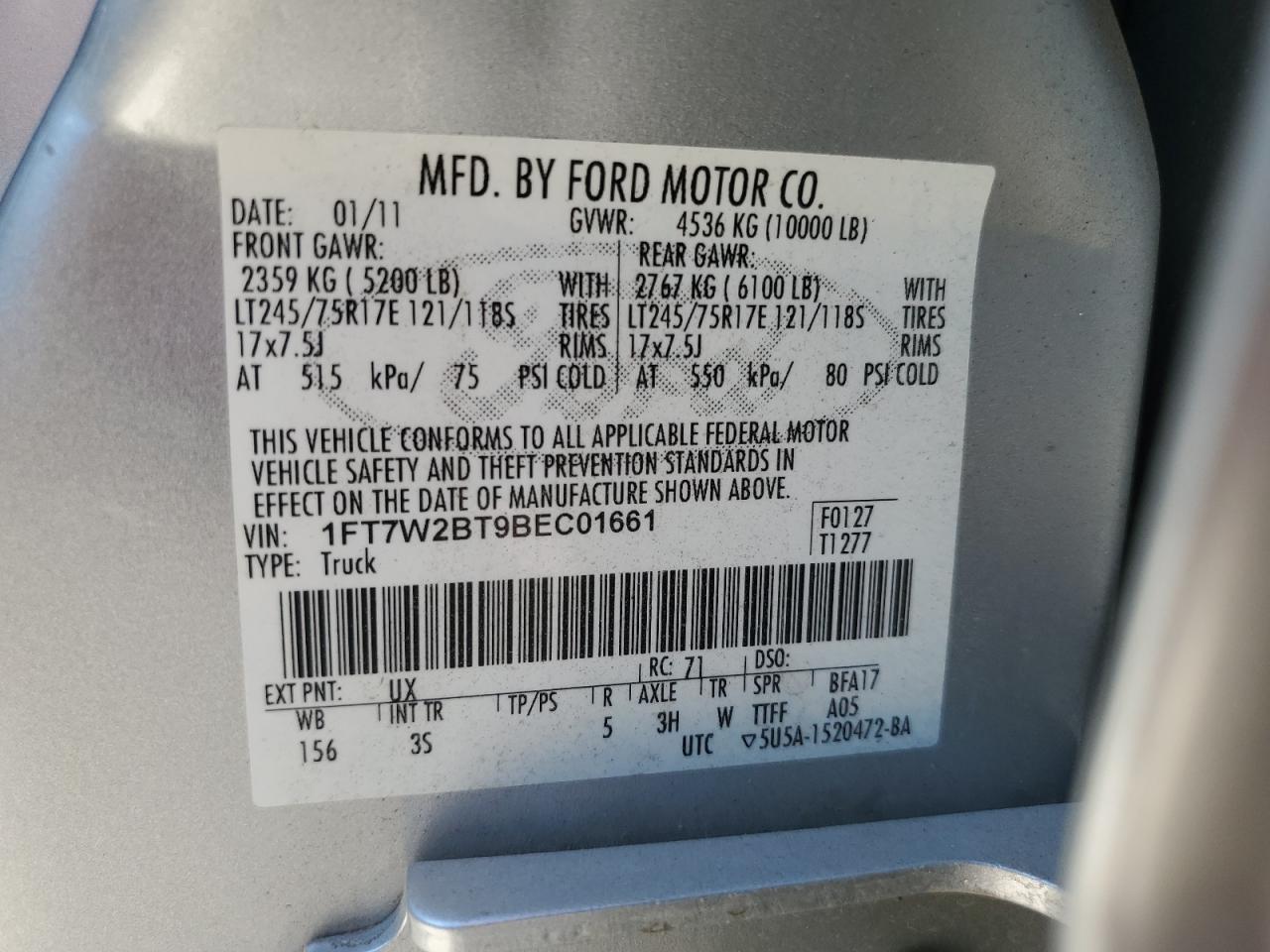 2011 Ford F250 Super Duty Silver vin: 1FT7W2BT9BEC01661