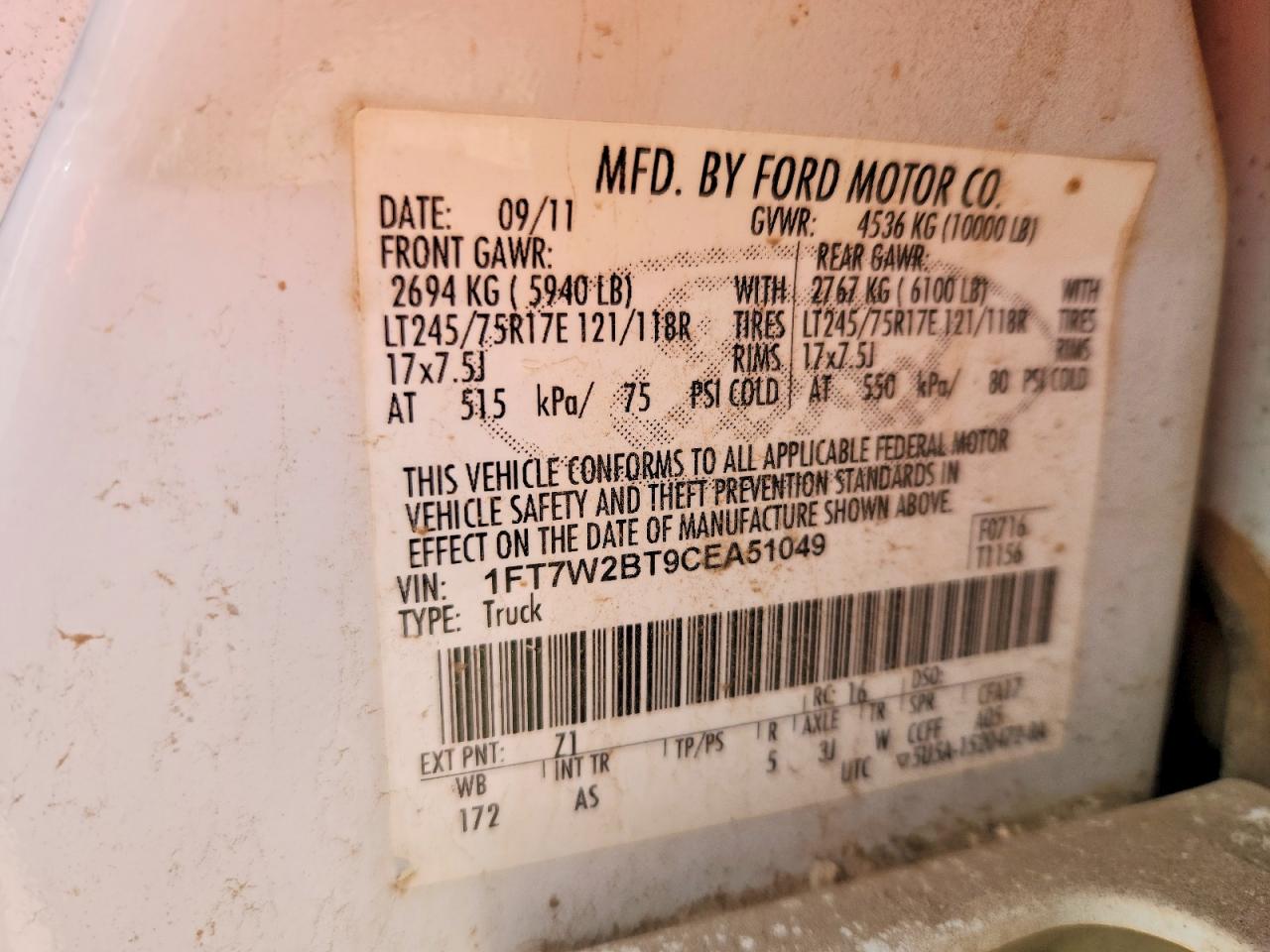 2012 Ford F250 Super Duty White vin: 1FT7W2BT9CEA51049