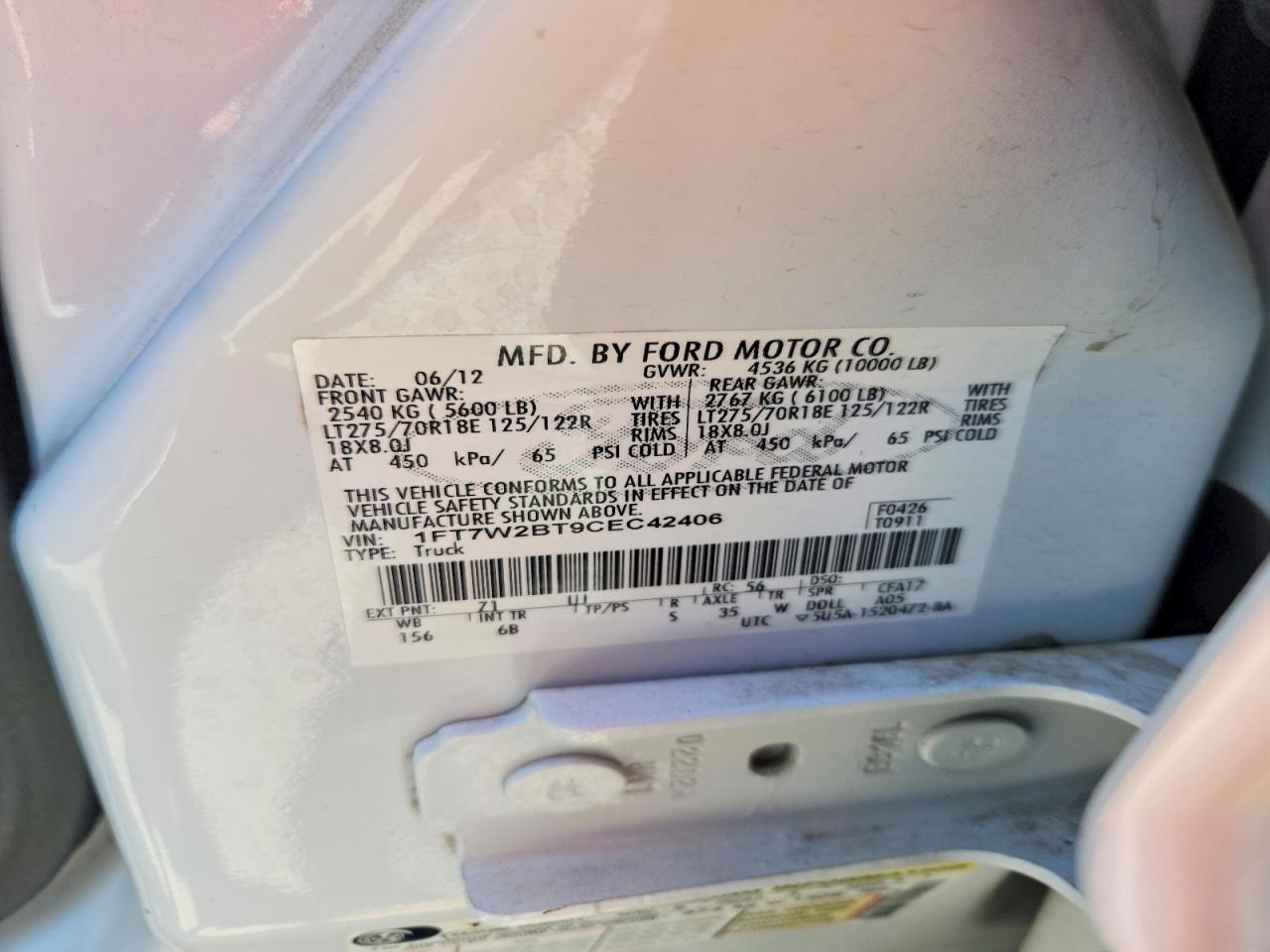 2012 Ford F250 Super Duty White vin: 1FT7W2BT9CEC42406