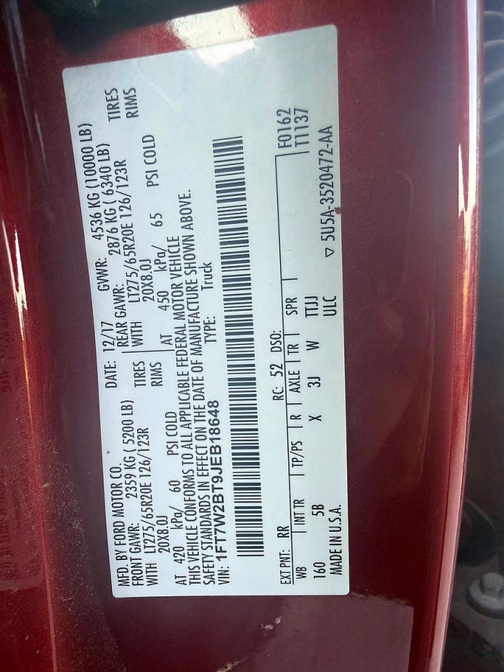 2018 Ford F250 Super Duty Red vin: 1FT7W2BT9JEB18648