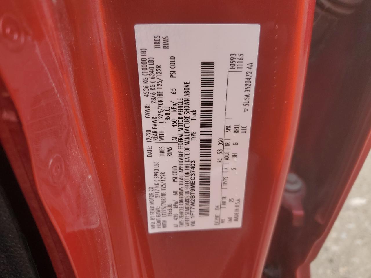 2021 Ford F250 Super Duty Красный vin: 1FT7W2BT9MEC37403