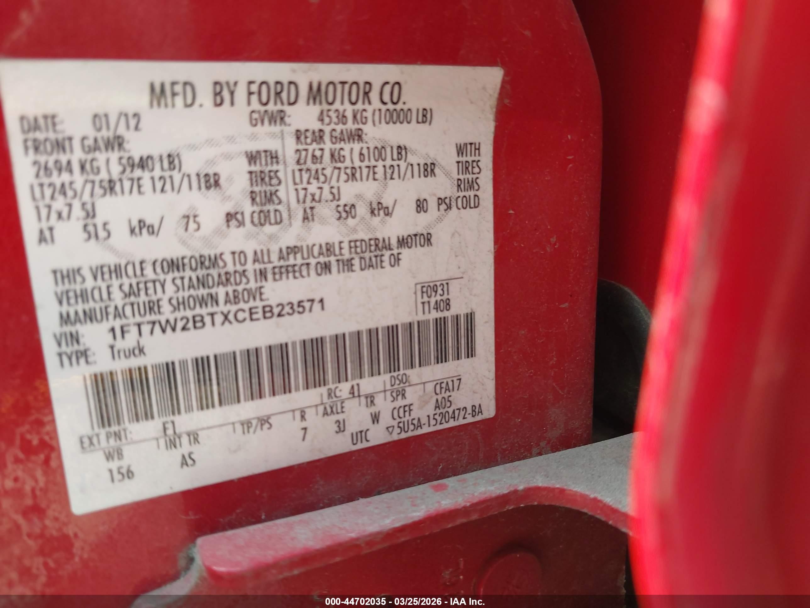 2012 Ford F-250 Xl Red vin: 1FT7W2BTXCEB23571