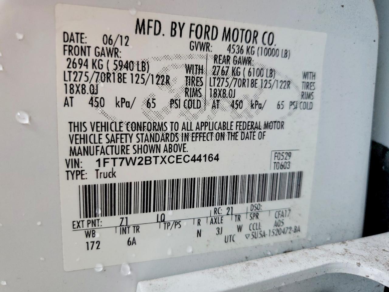 2012 Ford F250 Super Duty White vin: 1FT7W2BTXCEC44164