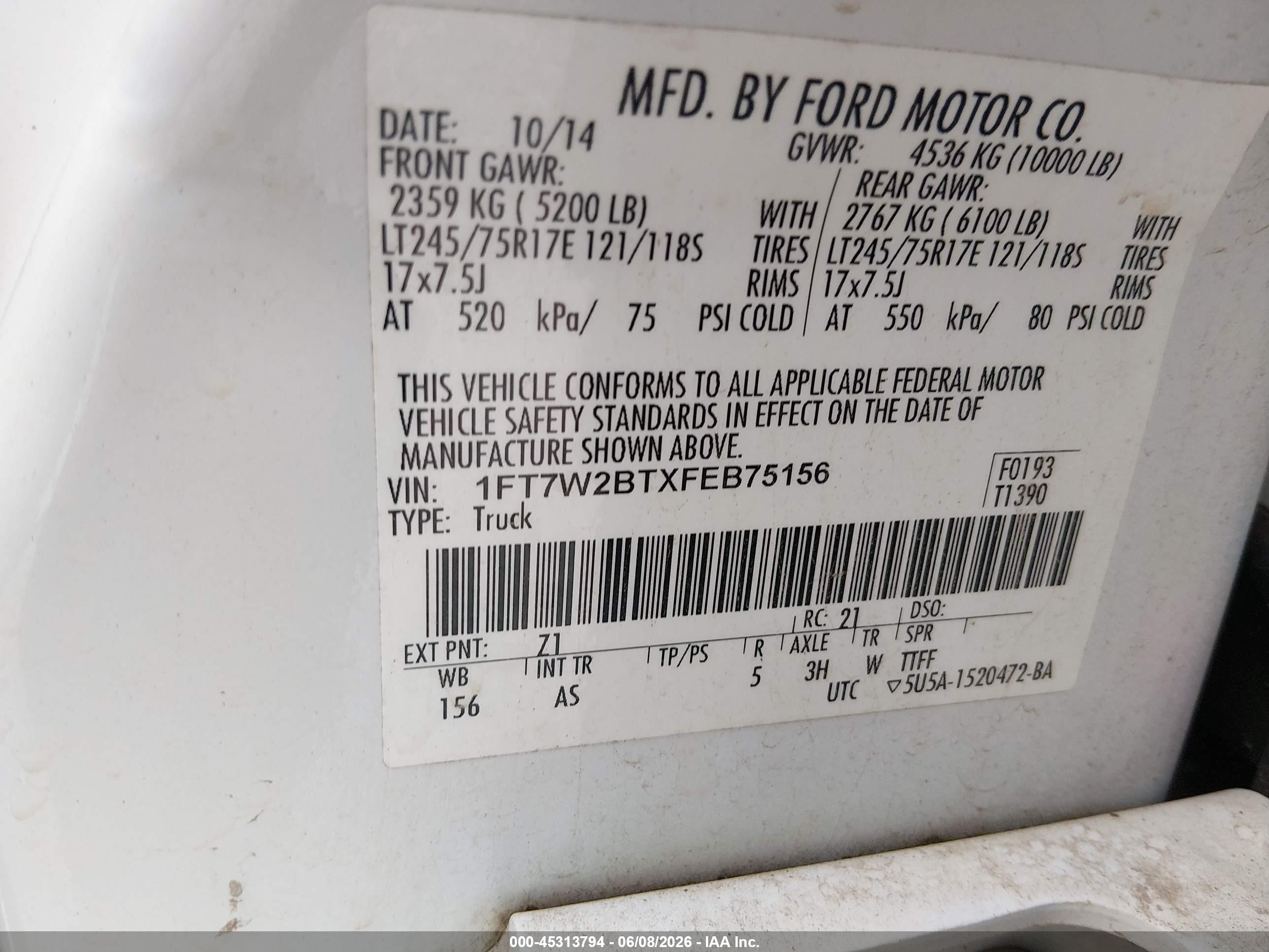 2015 Ford F-250 Xl White vin: 1FT7W2BTXFEB75156