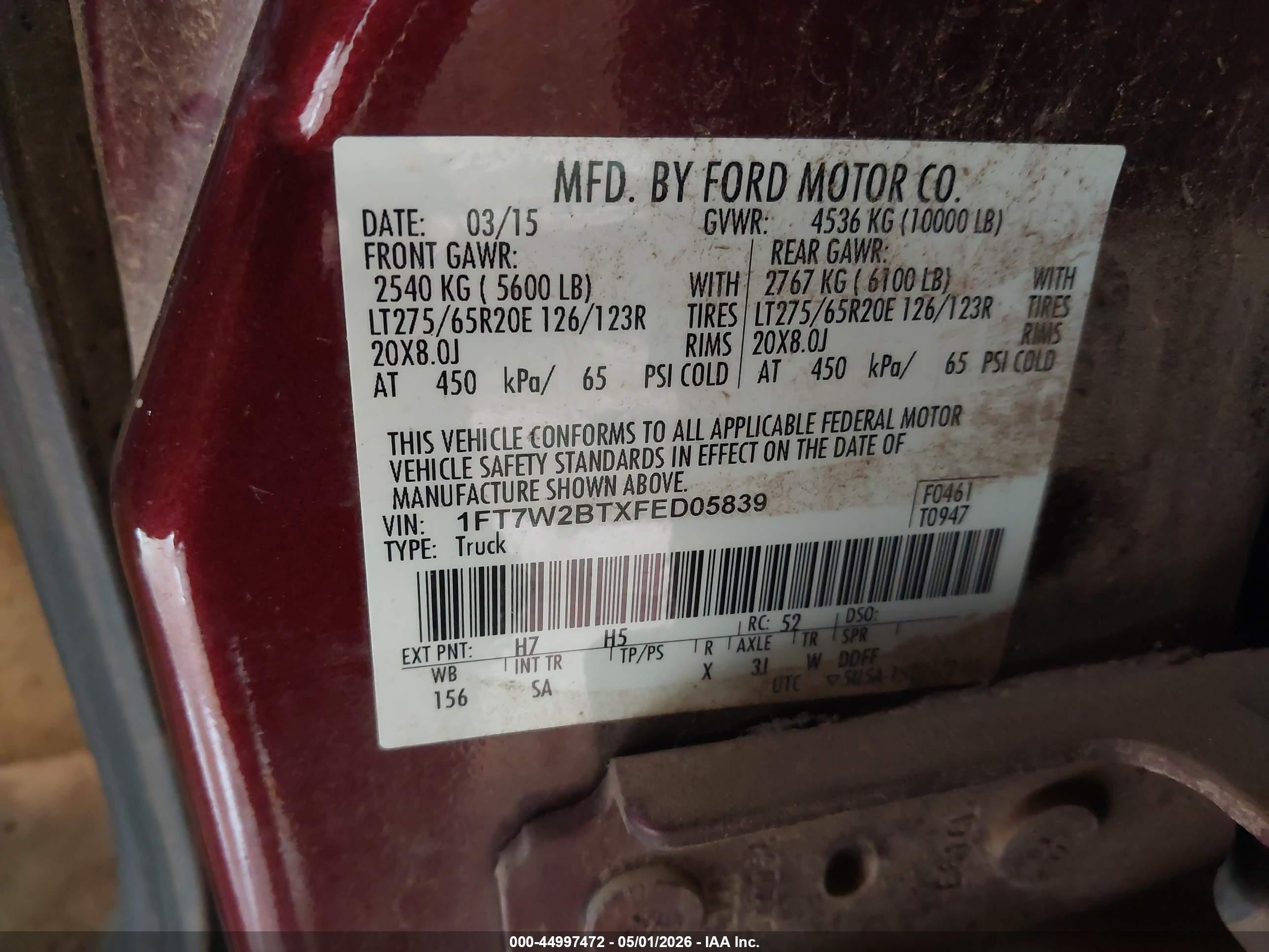 2015 Ford F-250 Lariat Burgundy vin: 1FT7W2BTXFED05839