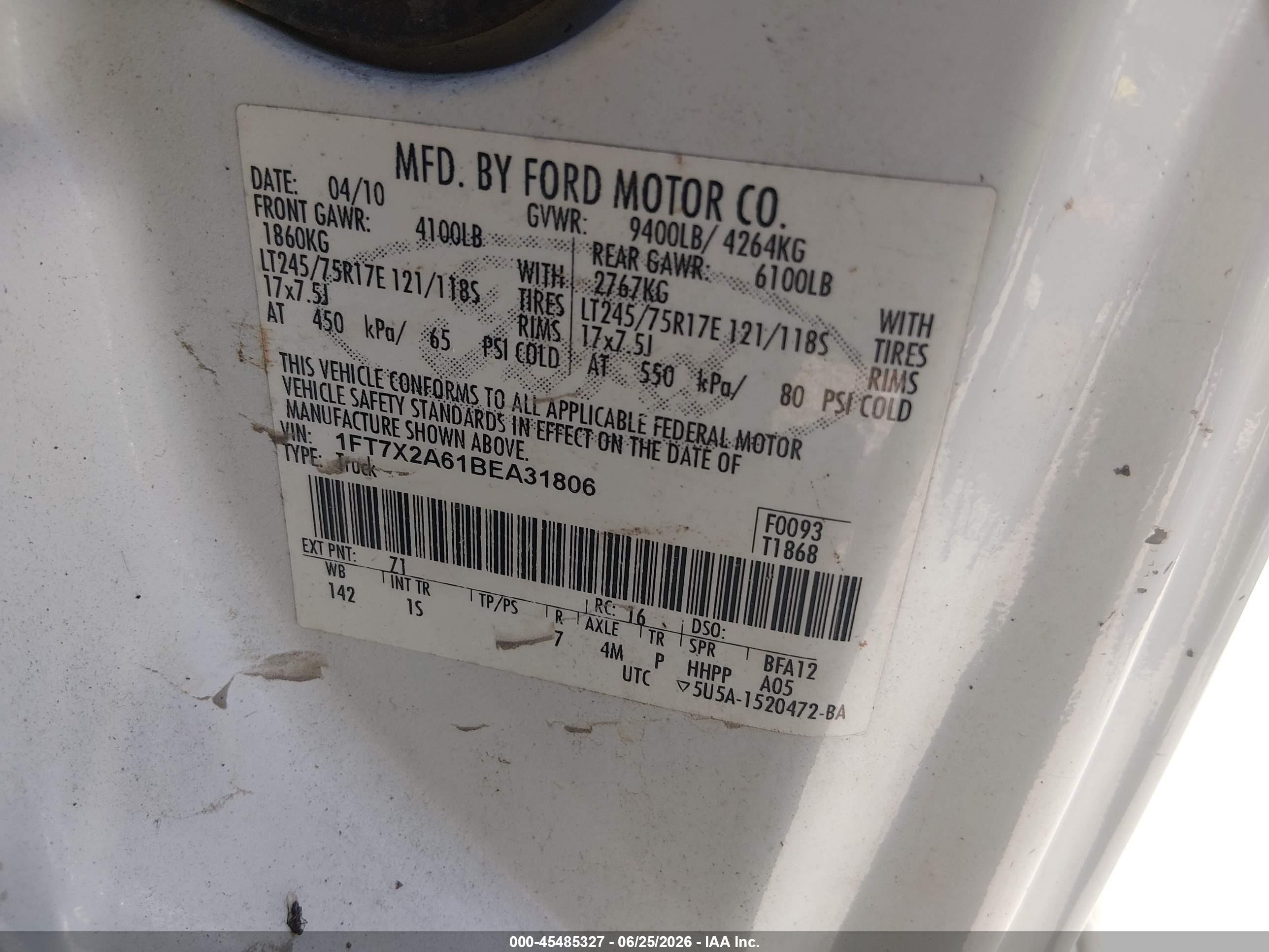 2011 Ford Super Duty F-250 Srw Lariat/xl/xlt White vin: 1FT7X2A61BEA31806