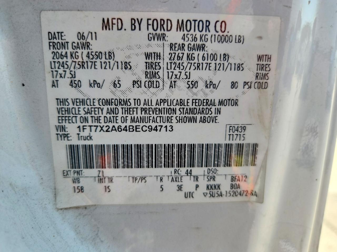 2011 Ford F250 Super Duty White vin: 1FT7X2A64BEC94713