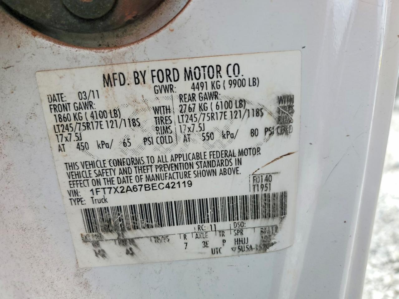 2011 Ford F250 Super Duty White vin: 1FT7X2A67BEC42119