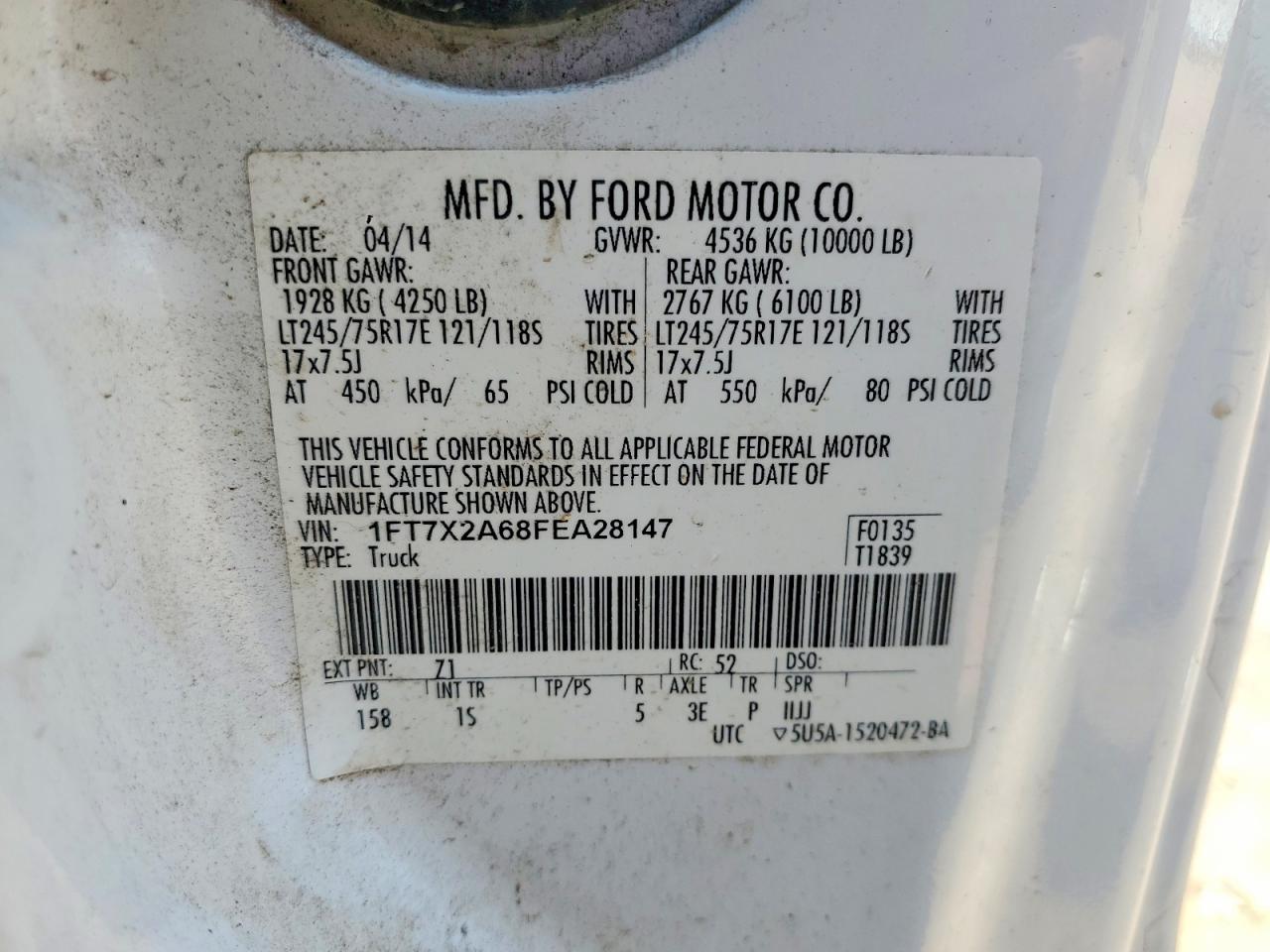 2015 Ford F250 Super Duty White vin: 1FT7X2A68FEA28147