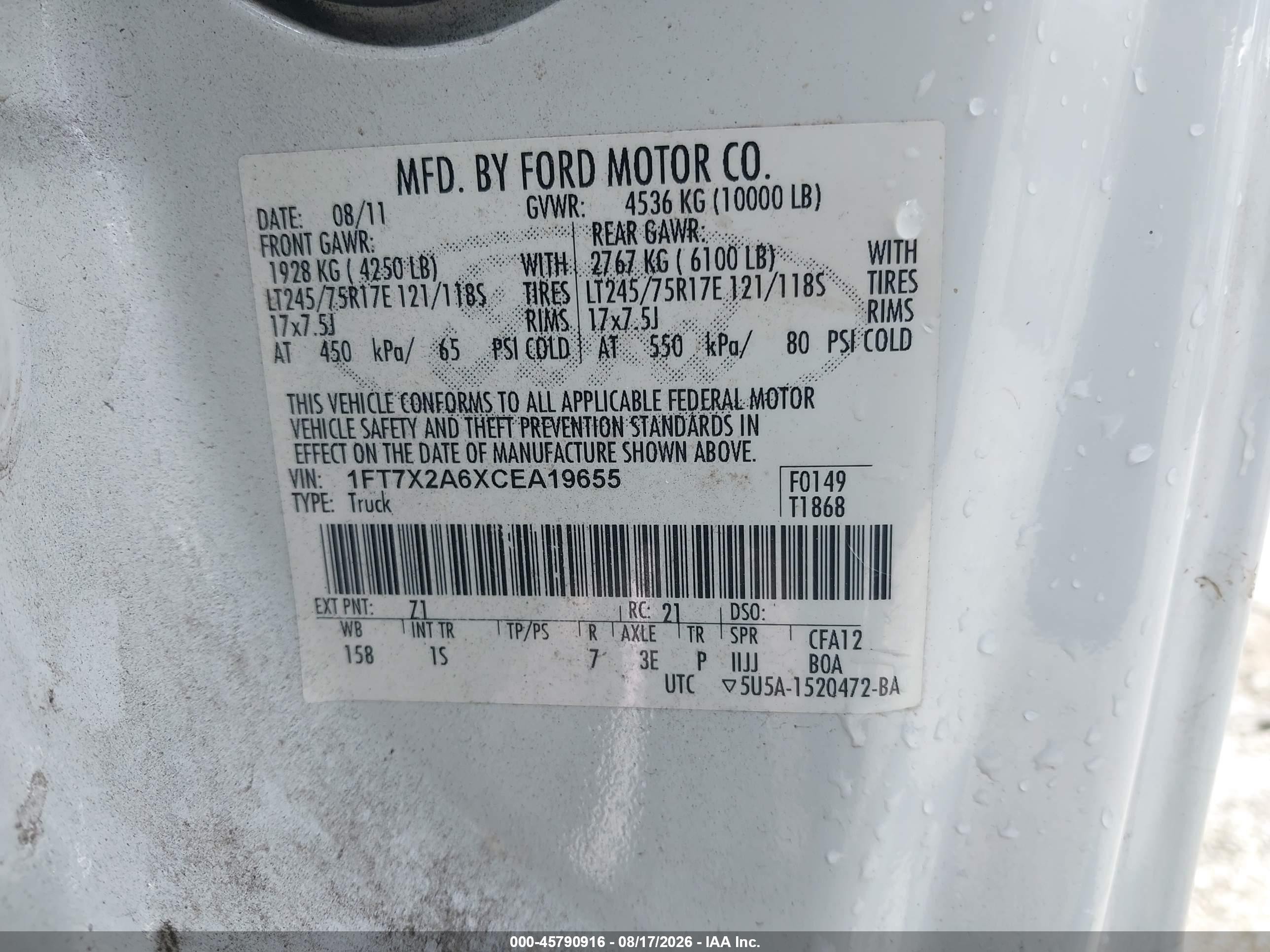 2012 Ford F-250 Xl White vin: 1FT7X2A6XCEA19655