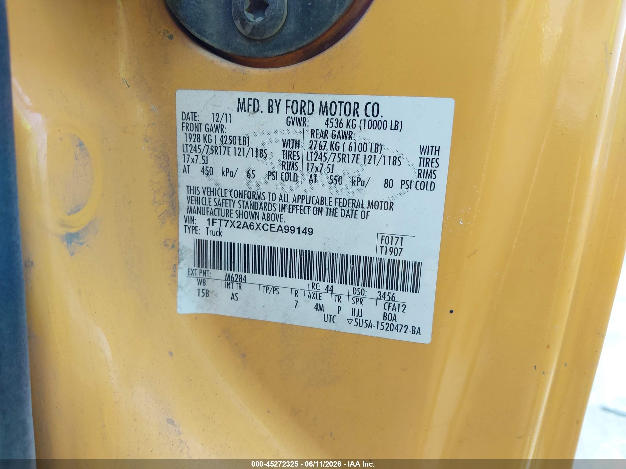 2012 Ford F-250 Xl Yellow vin: 1FT7X2A6XCEA99149
