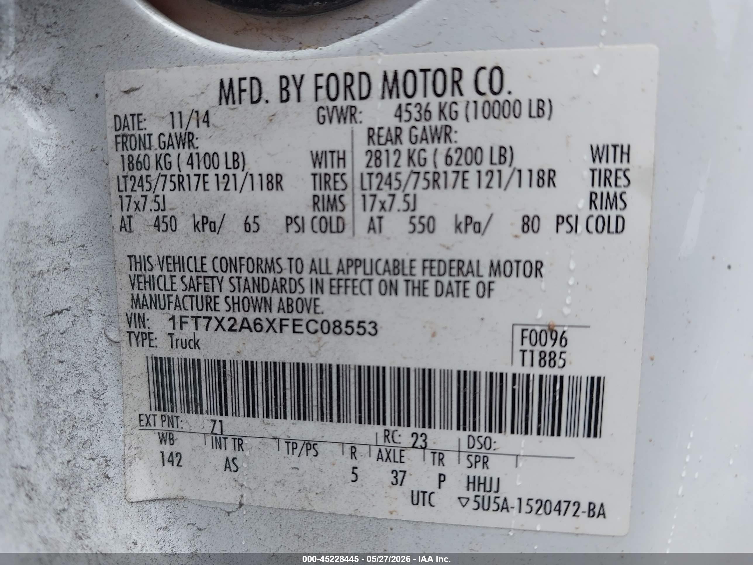 2015 Ford F-250 Xl White vin: 1FT7X2A6XFEC08553