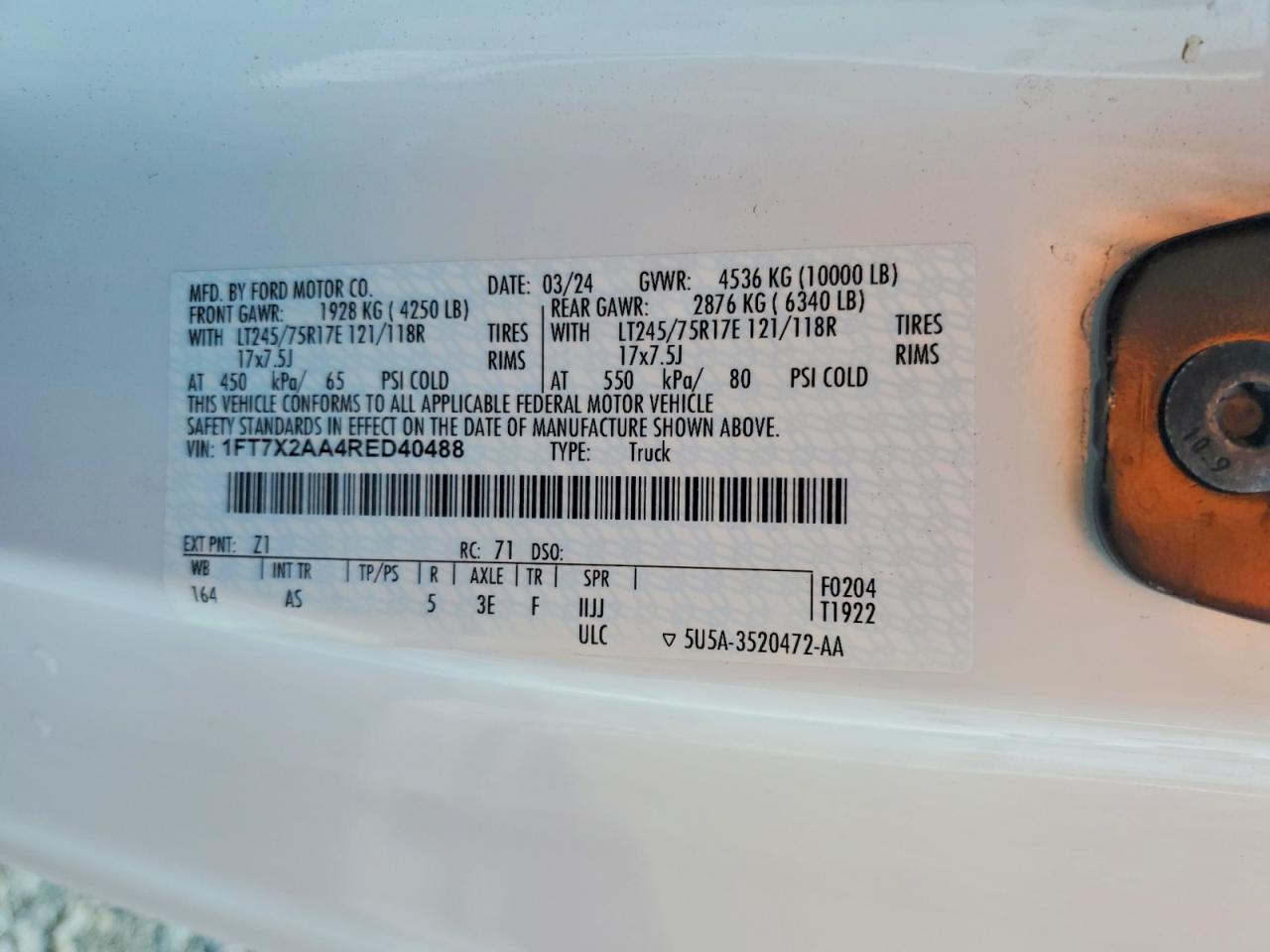 2024 Ford F250 Super Duty White vin: 1FT7X2AA4RED40488