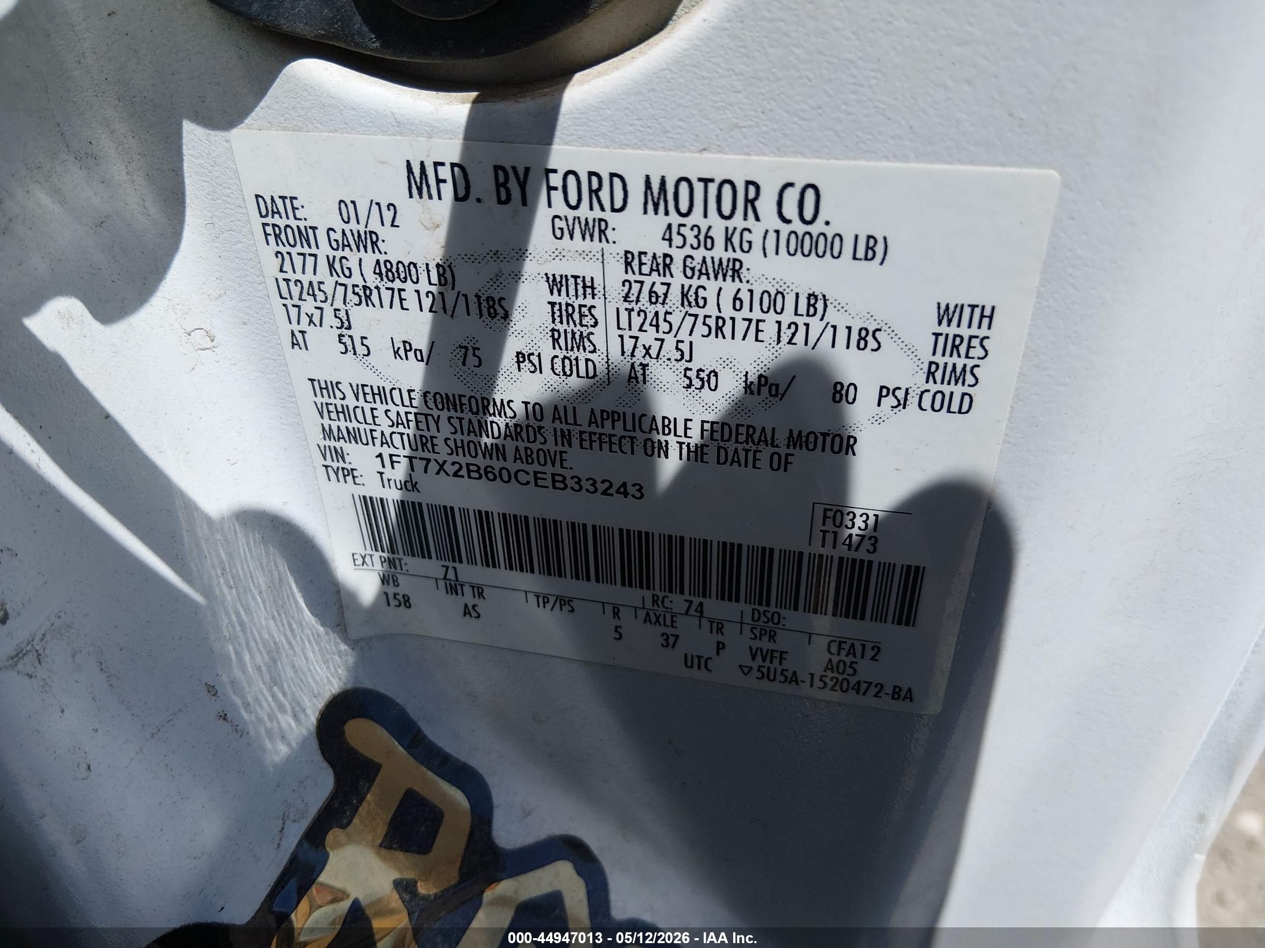 2012 Ford F-250 Xl White vin: 1FT7X2B60CEB33243