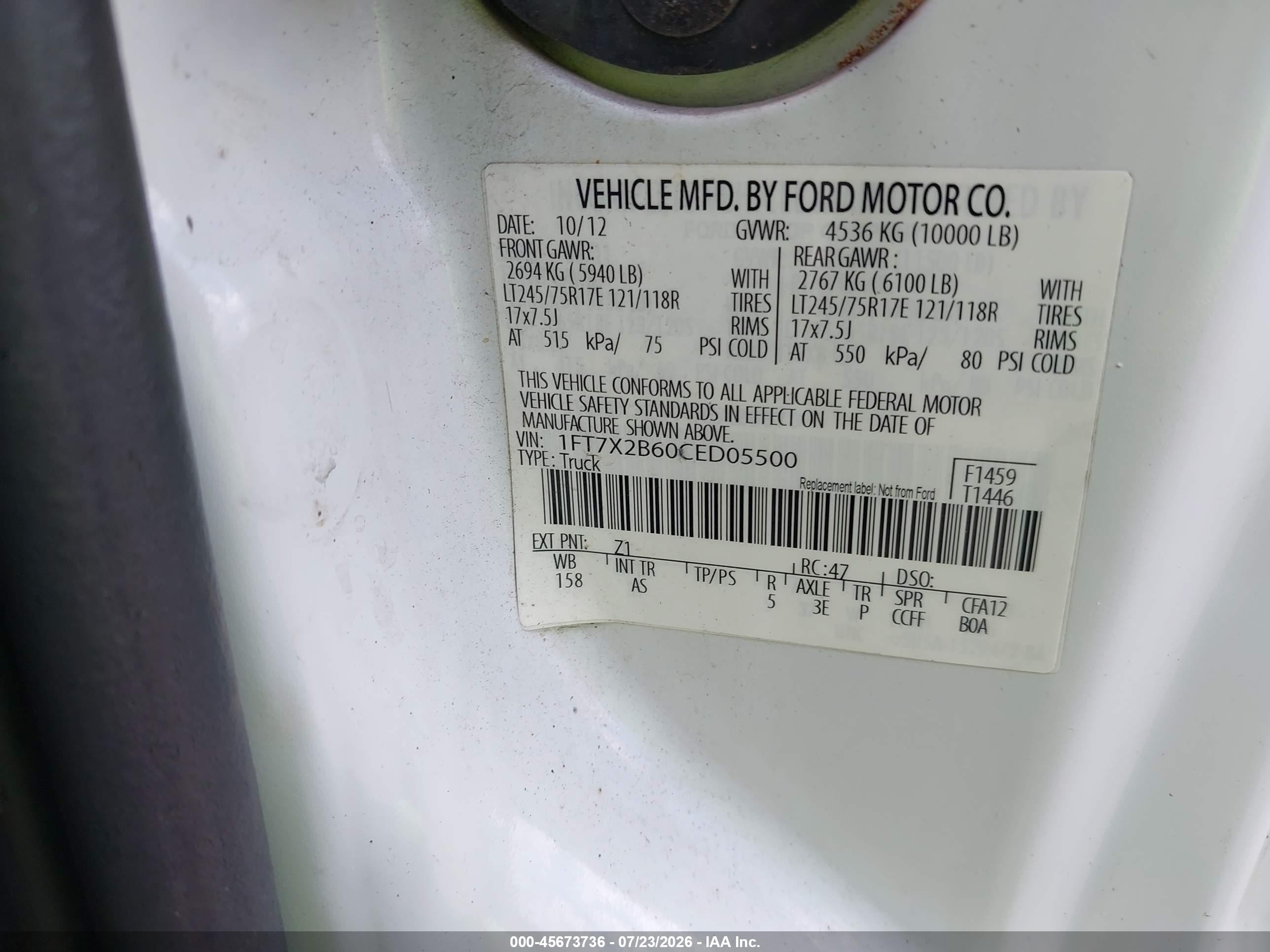 2012 Ford F-250 Xl White vin: 1FT7X2B60CED05500