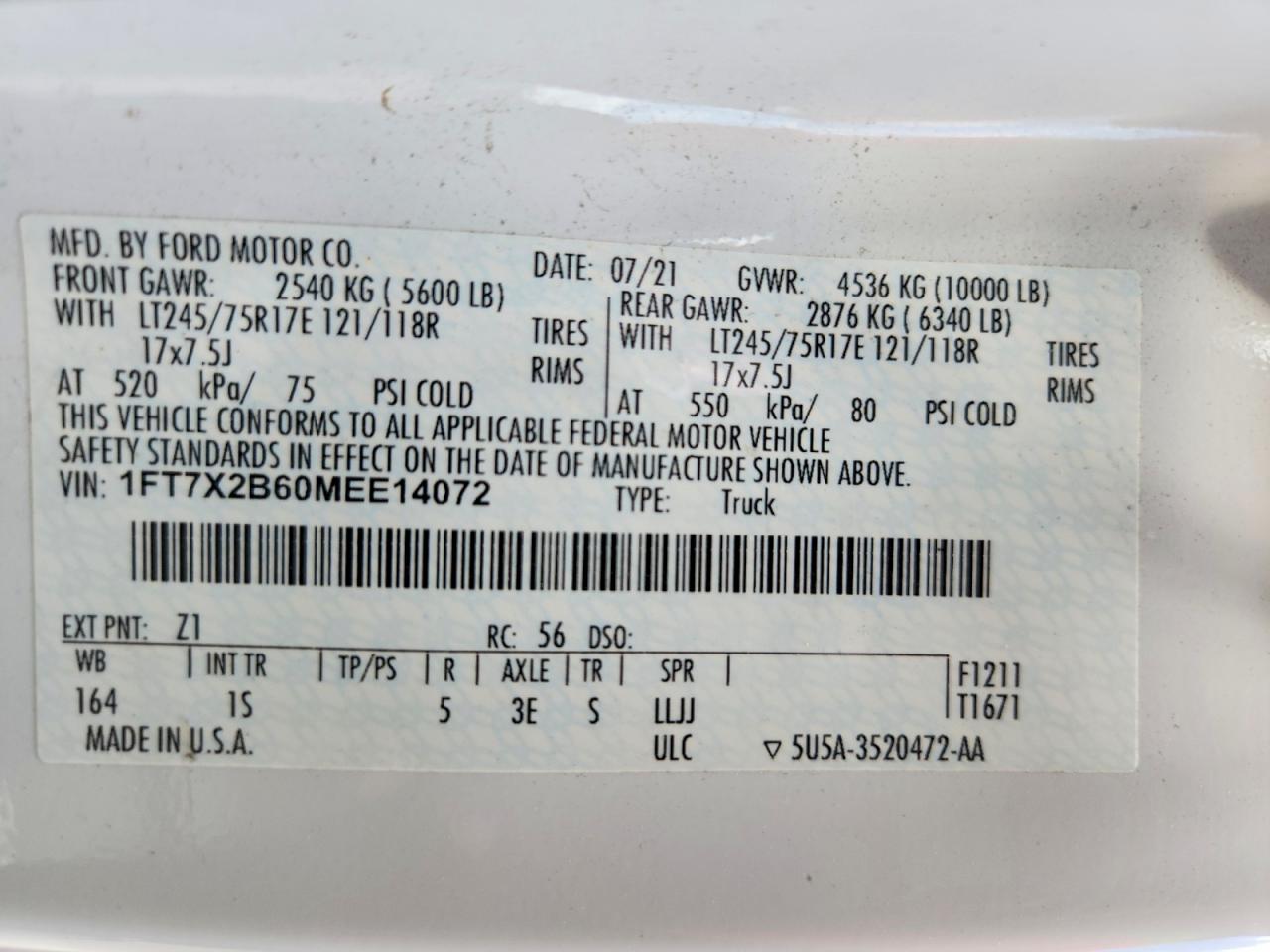2021 Ford F250 Super Duty White vin: 1FT7X2B60MEE14072
