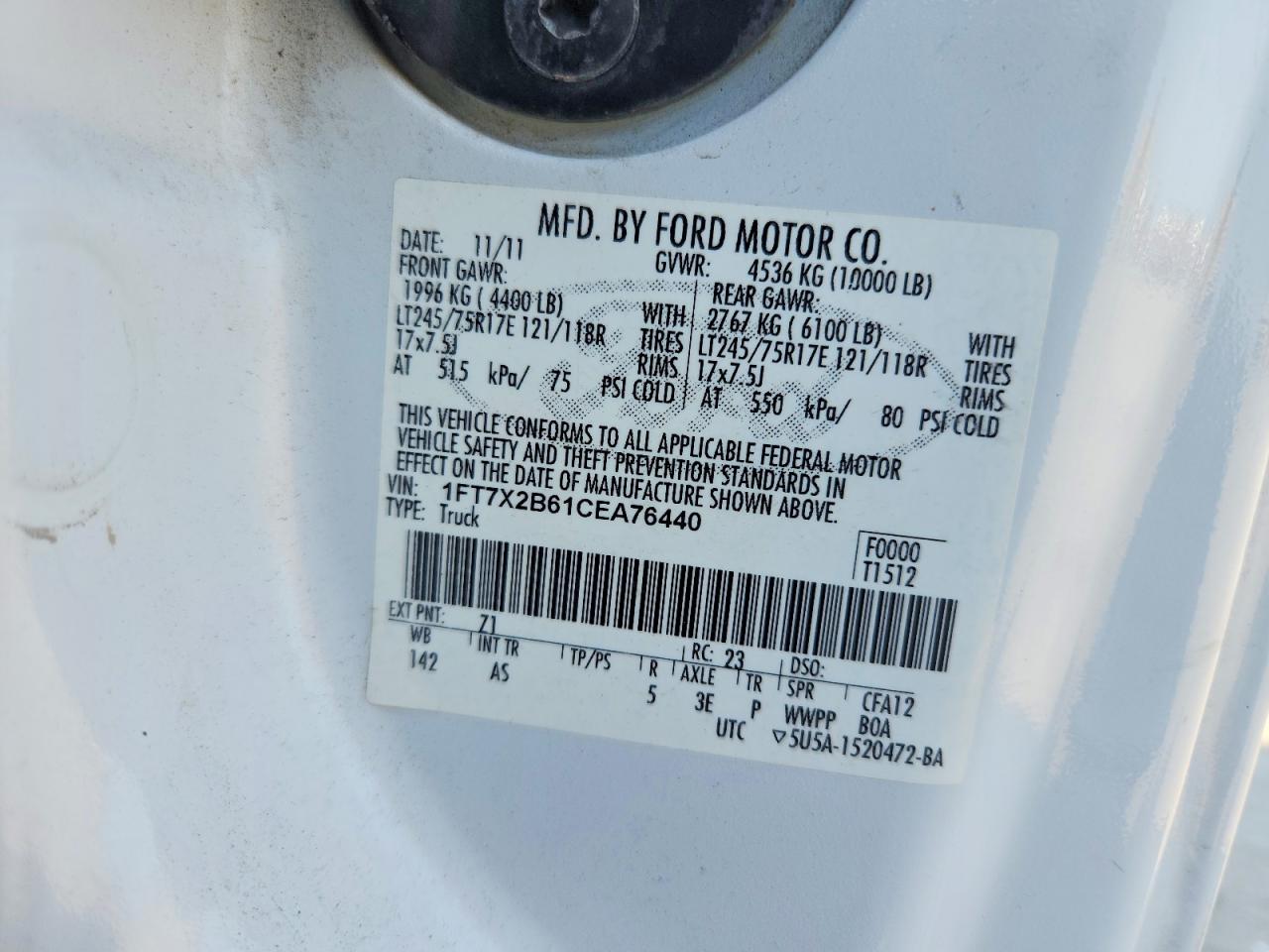 2012 Ford F250 Super Duty White vin: 1FT7X2B61CEA76440