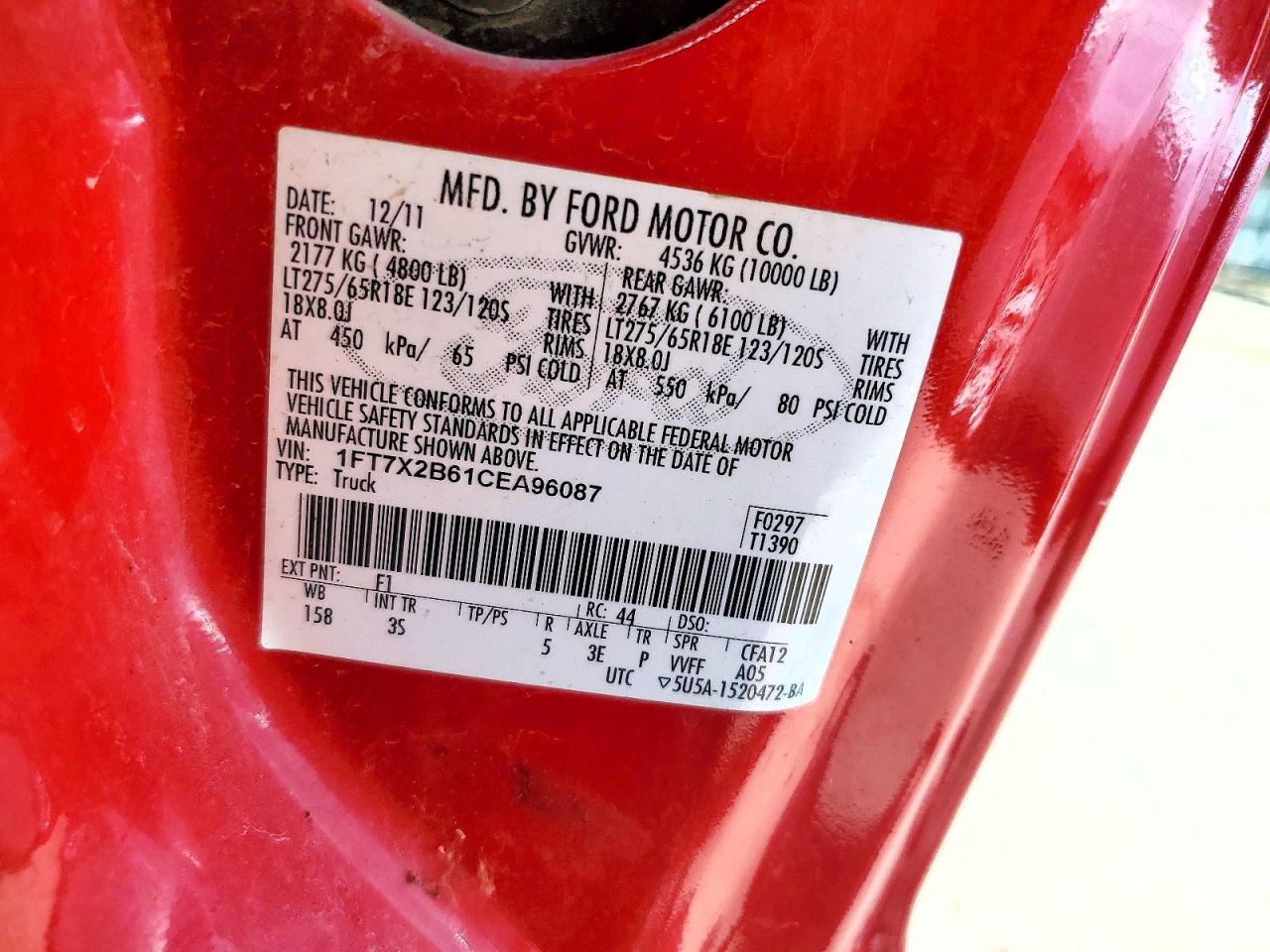 2012 Ford F250 Super Duty Red vin: 1FT7X2B61CEA96087