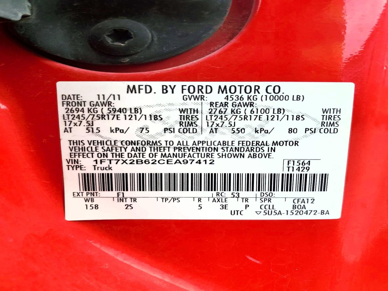 2012 Ford F250 Super Duty Red vin: 1FT7X2B62CEA97412
