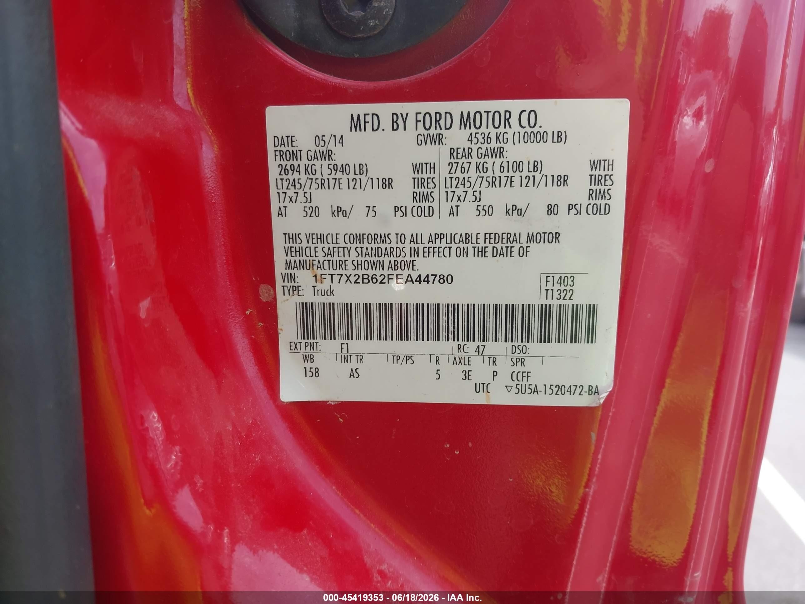 2015 Ford F-250 Xl Red vin: 1FT7X2B62FEA44780