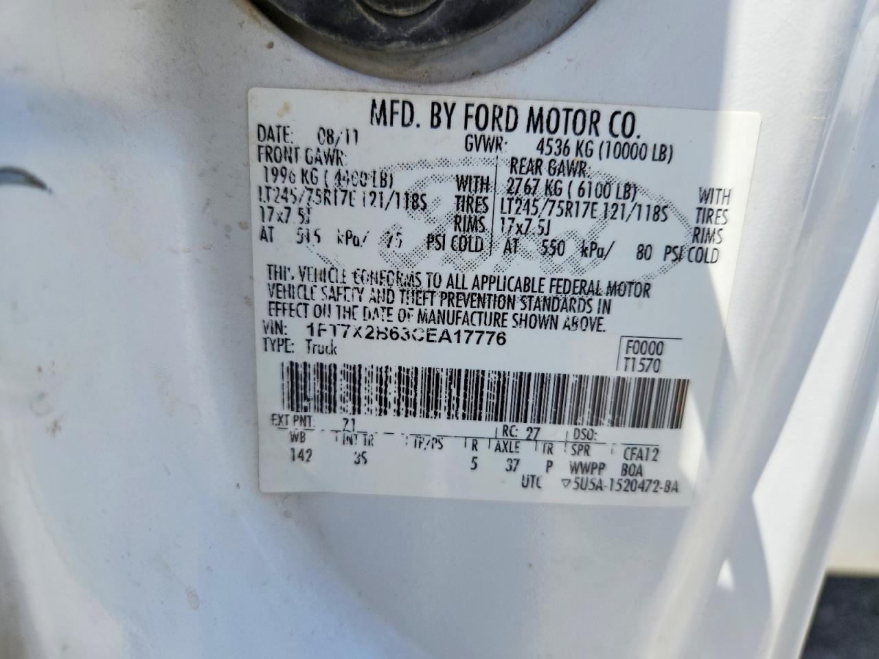 2012 Ford F250 Super Duty Белый vin: 1FT7X2B63CEA17776