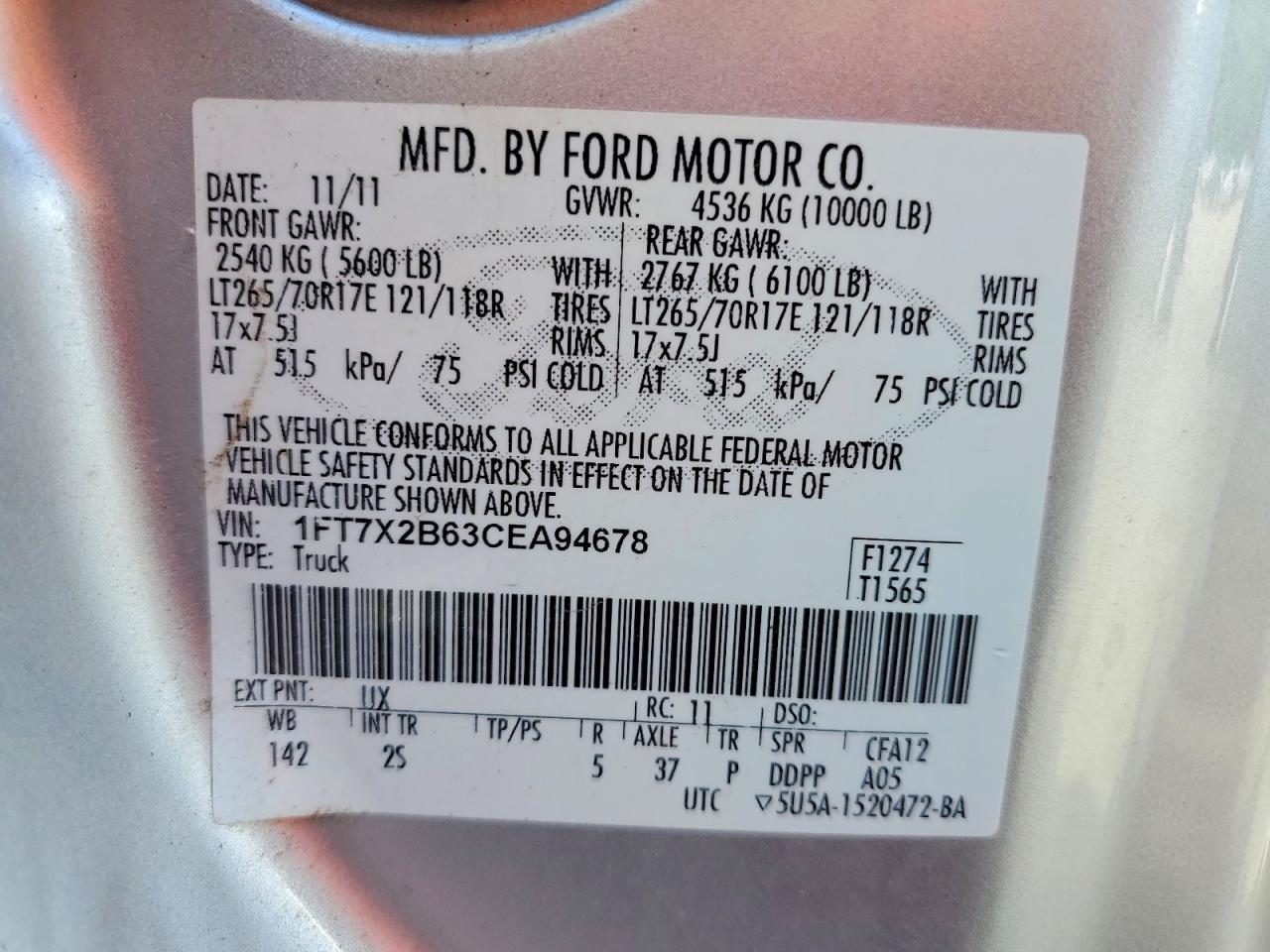 2012 Ford F250 Super Duty Silver vin: 1FT7X2B63CEA94678