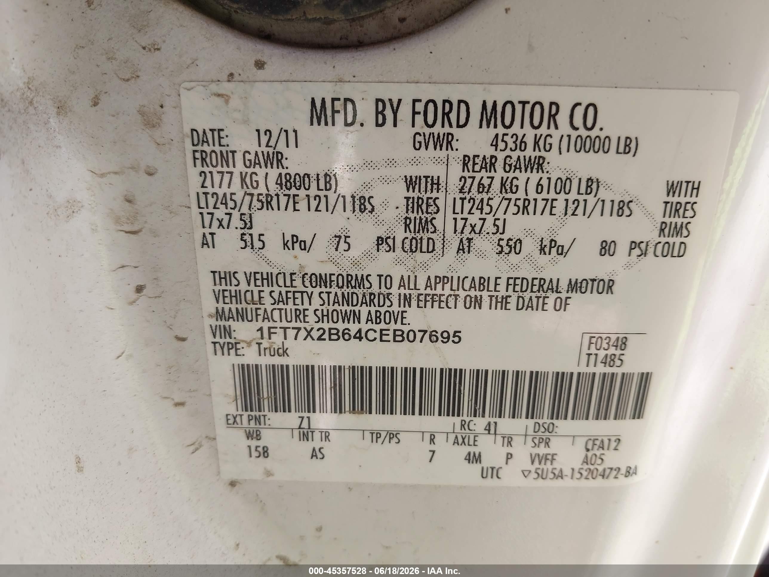 2012 Ford Super Duty F-250 Srw Lariat/xl/xlt White vin: 1FT7X2B64CEB07695