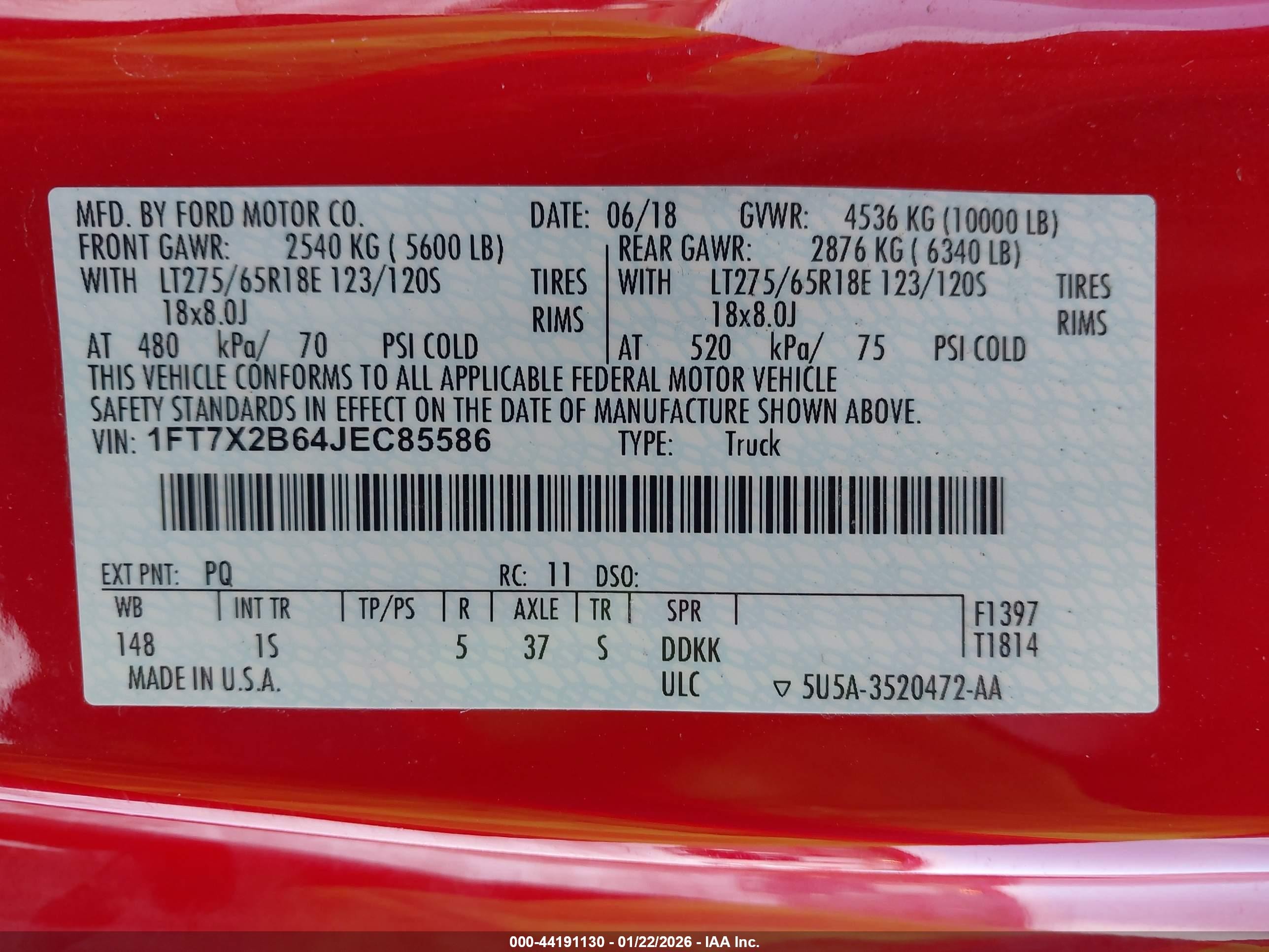 2018 Ford F-250 Xl Red vin: 1FT7X2B64JEC85586