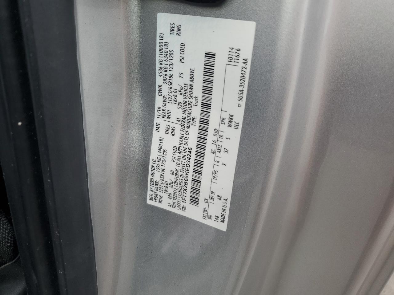 2019 Ford F250 Super Duty Silver vin: 1FT7X2B65KED34246