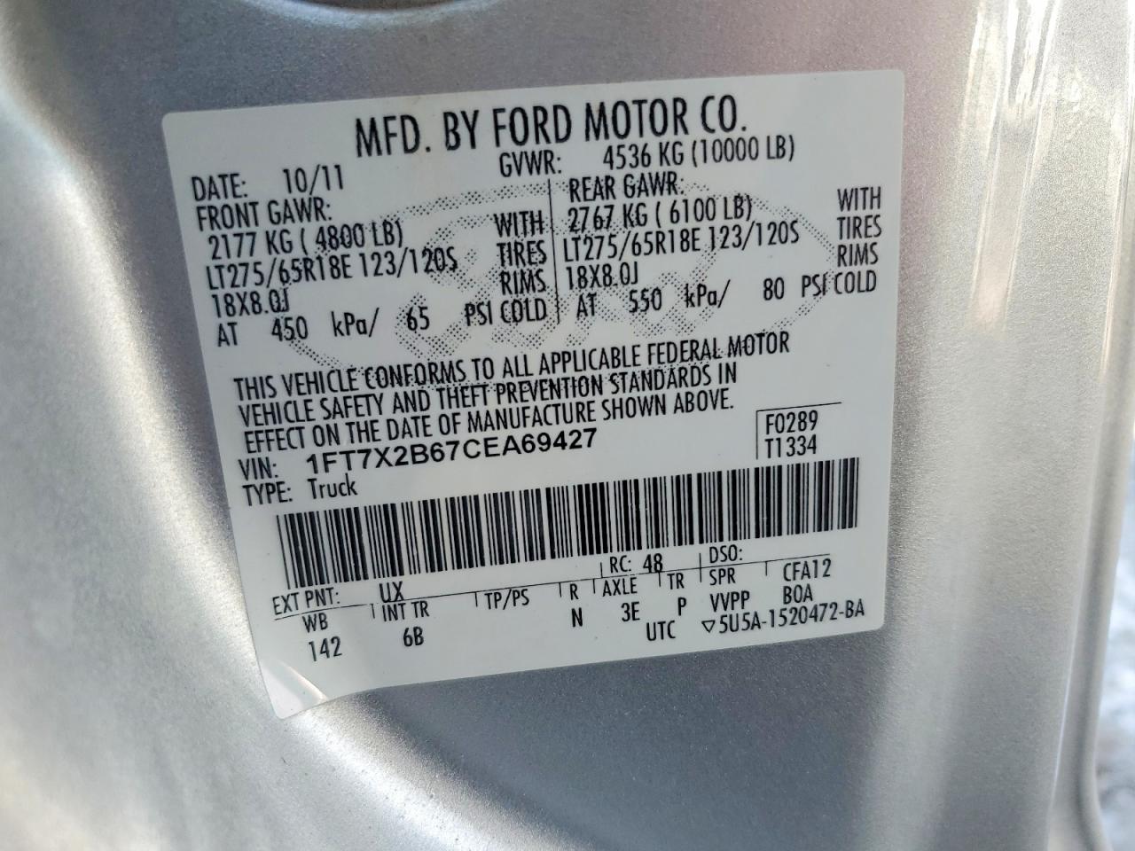 2012 Ford F250 Super Duty Silver vin: 1FT7X2B67CEA69427