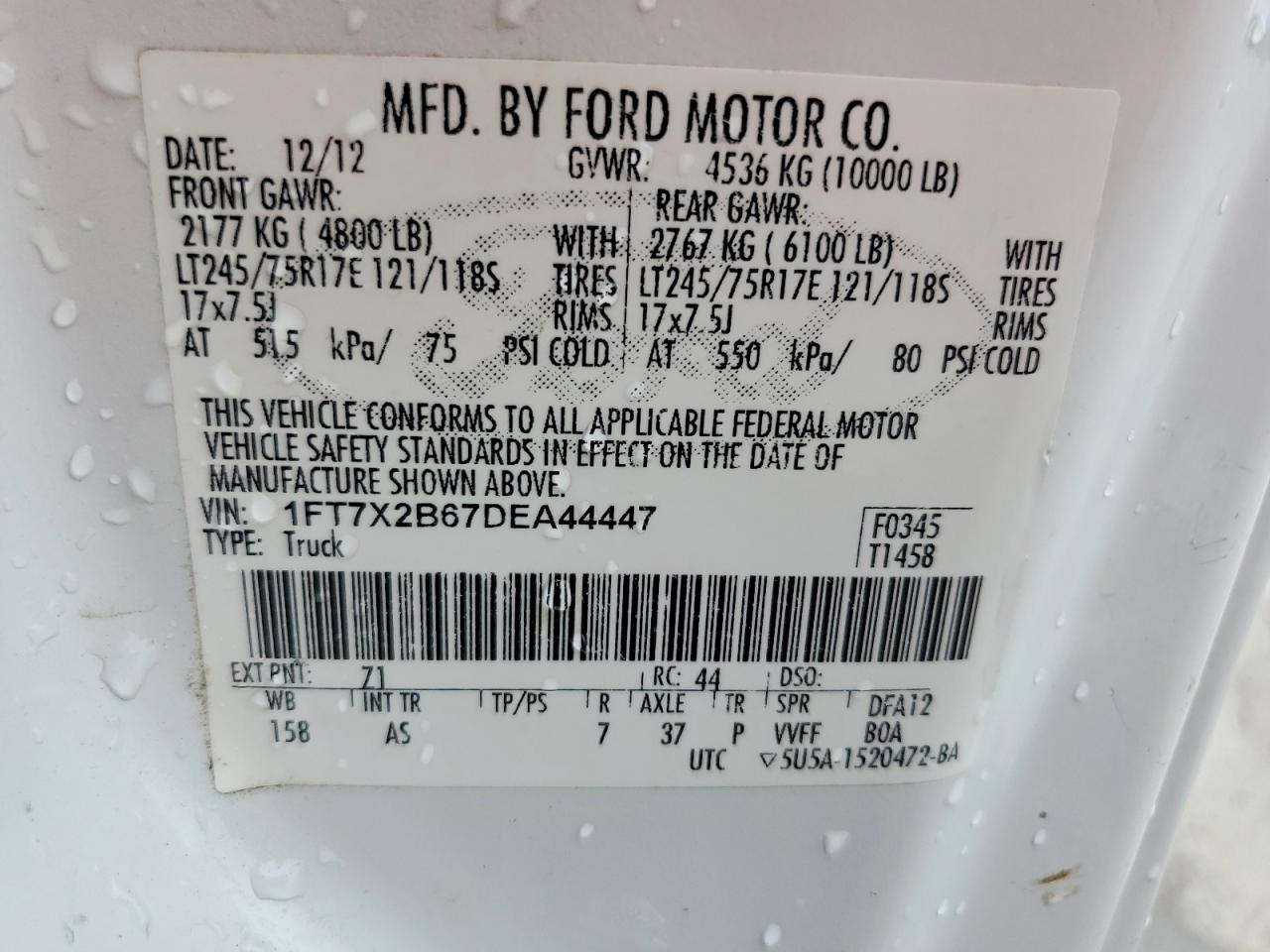 2013 Ford F250 Super Duty Белый vin: 1FT7X2B67DEA44447