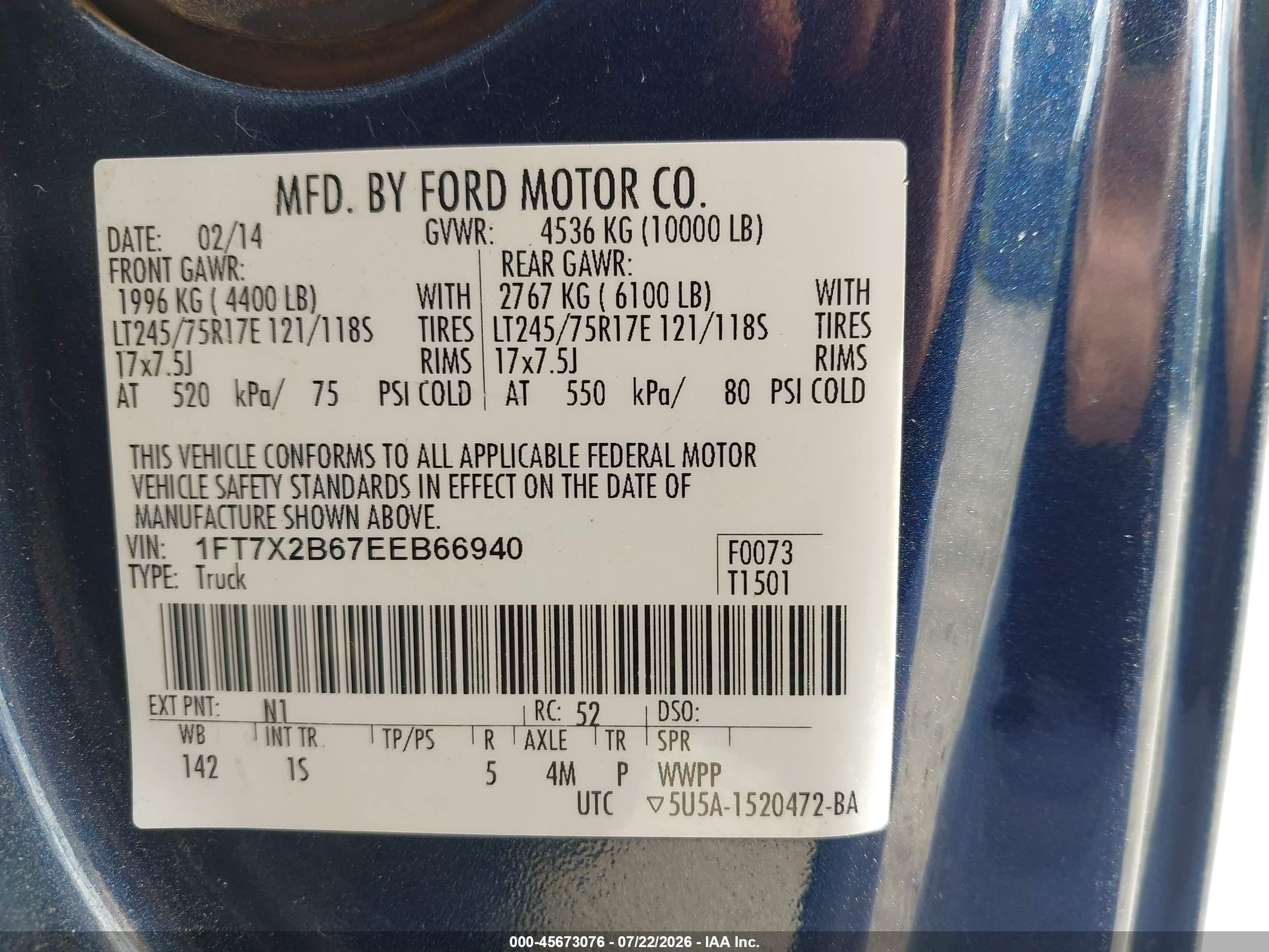 2014 Ford F-250 Xl Blue vin: 1FT7X2B67EEB66940