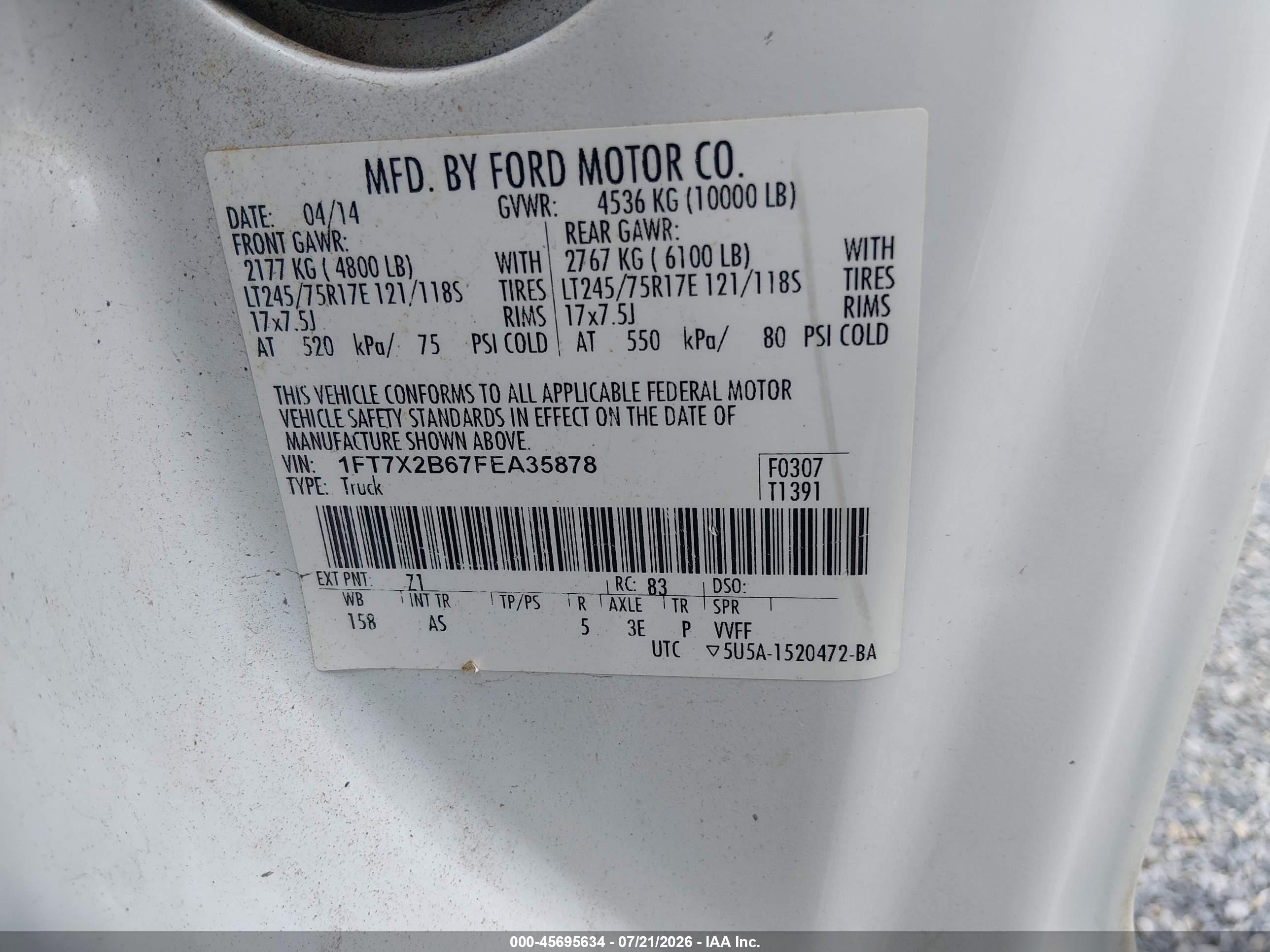 2015 Ford F-250 Xl White vin: 1FT7X2B67FEA35878