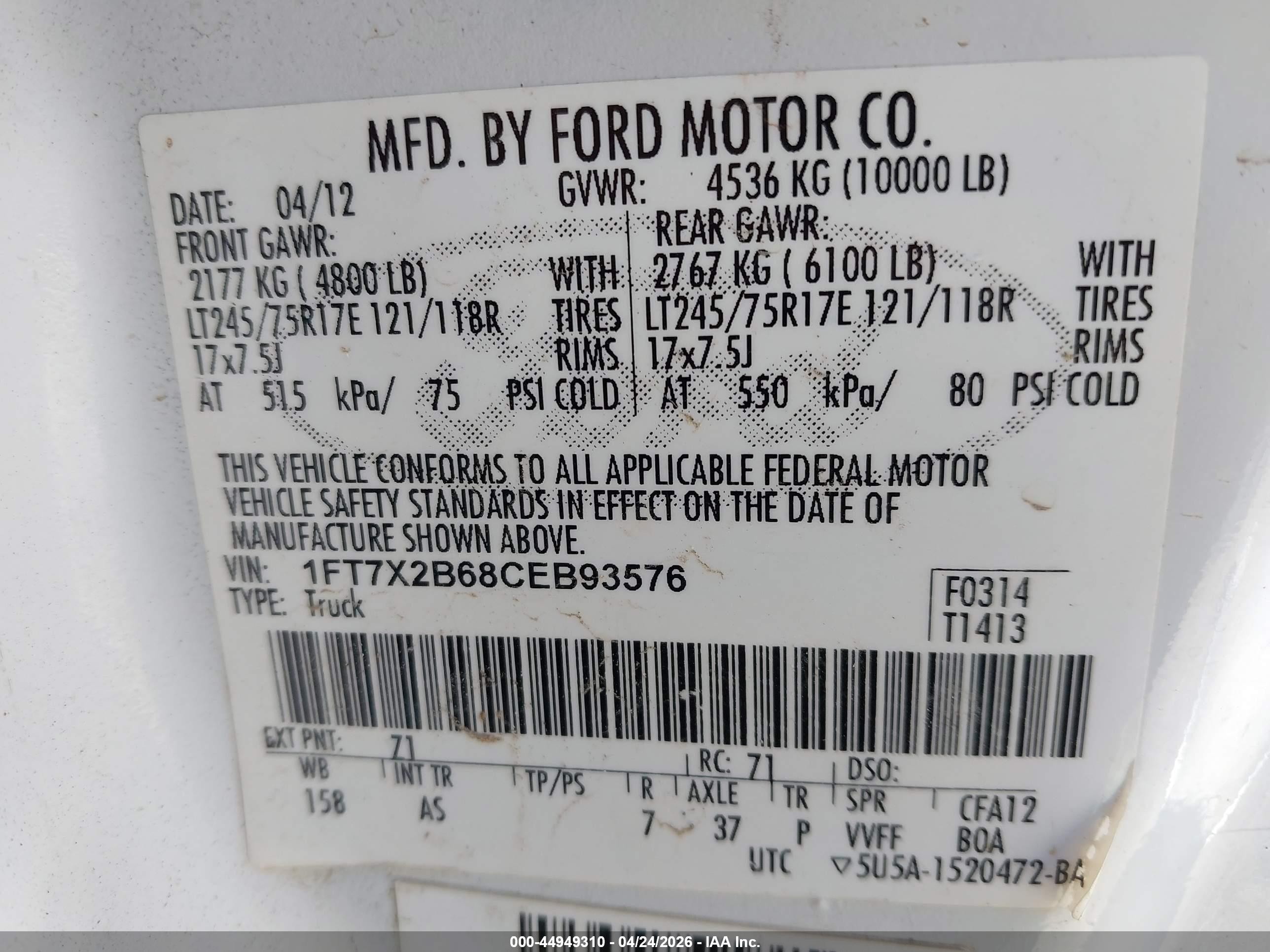 2012 Ford F-250 Xl White vin: 1FT7X2B68CEB93576