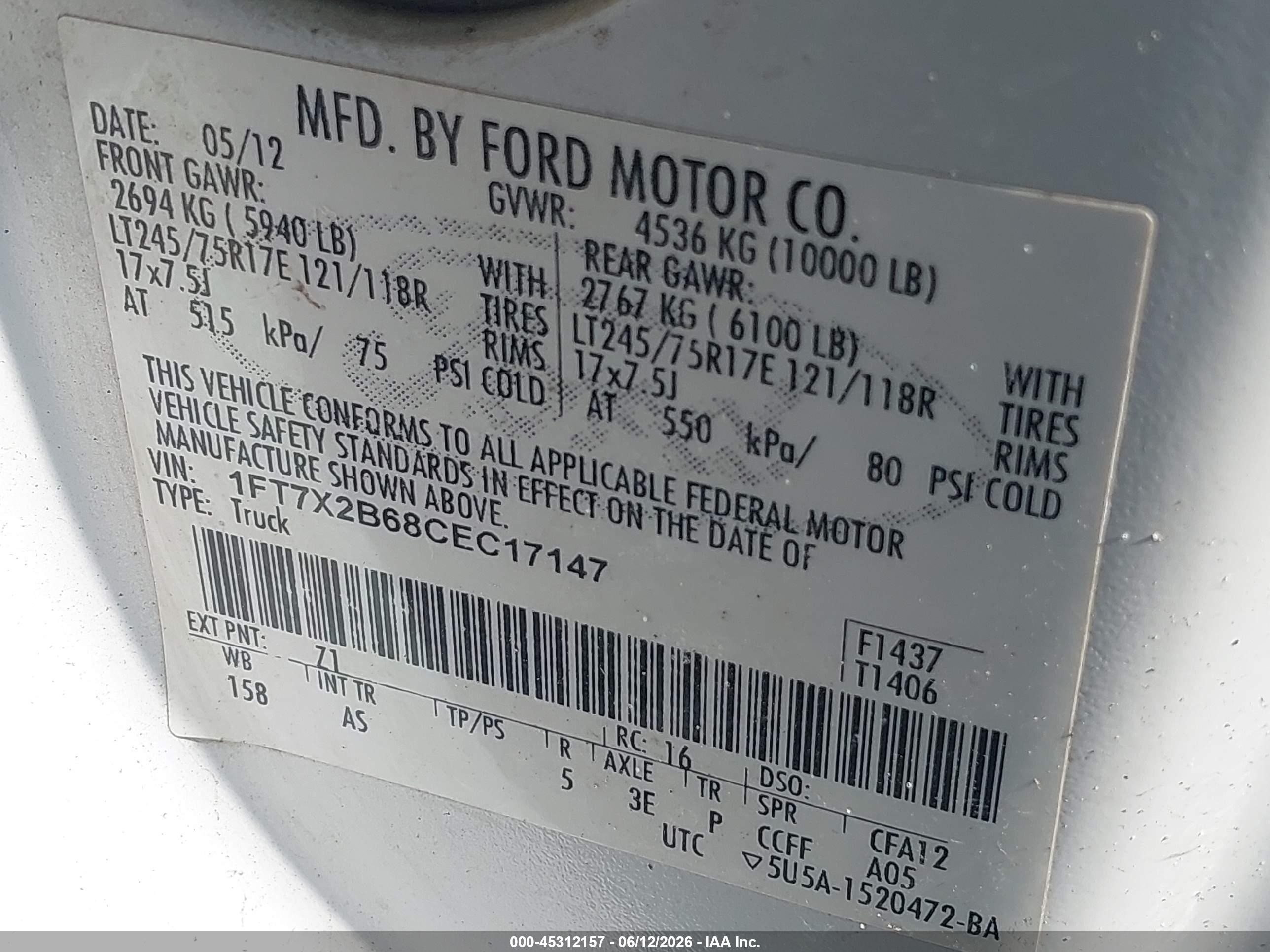 2012 Ford F-250 Xl White vin: 1FT7X2B68CEC17147